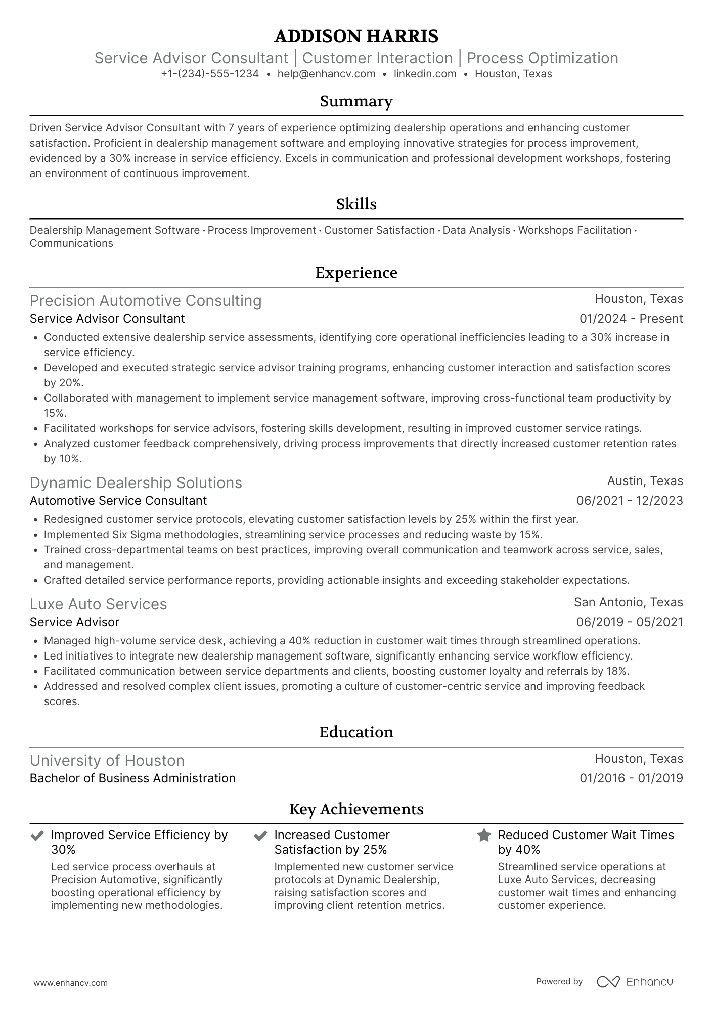 A resume example of a Service Advisor Consultant