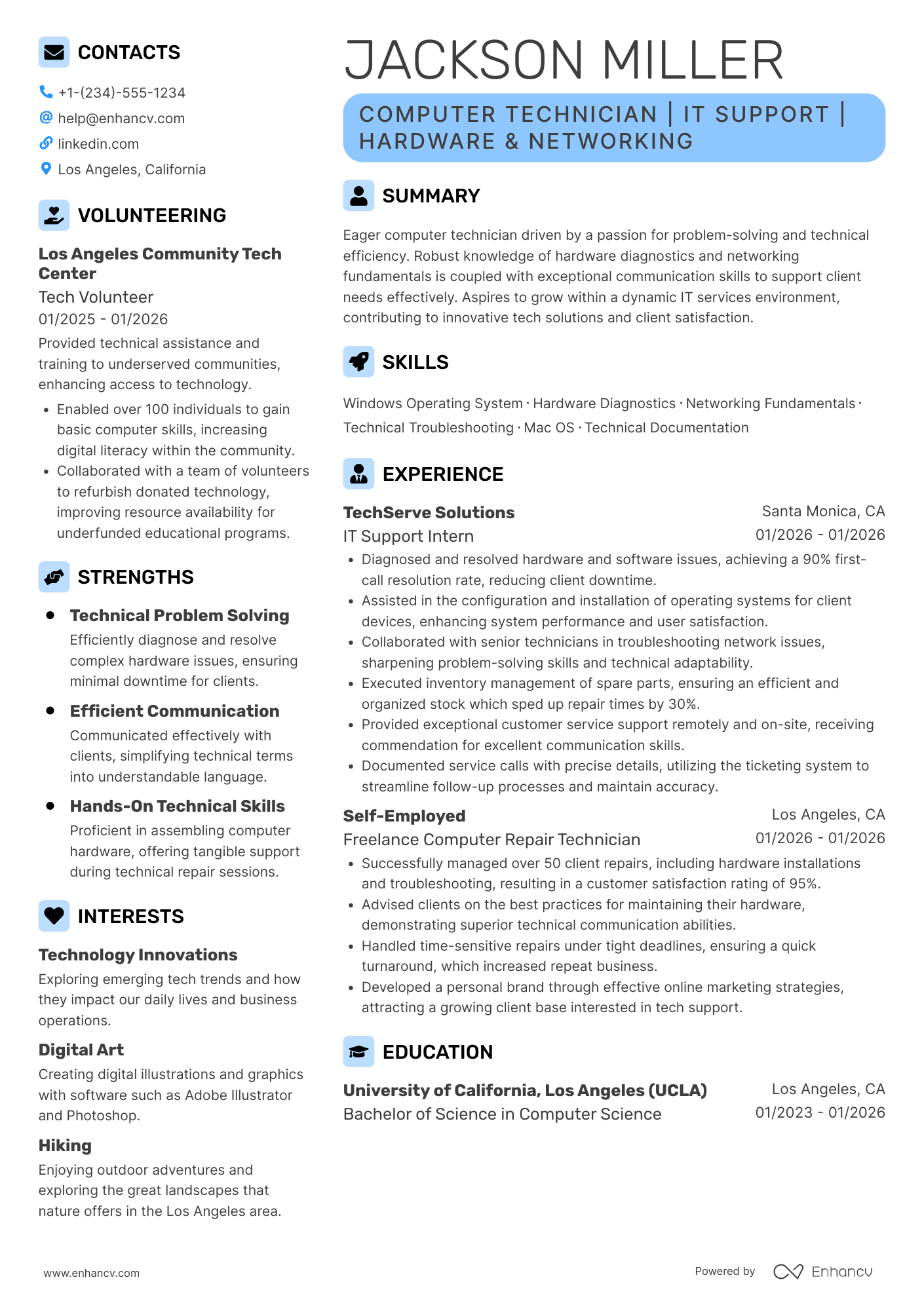 A resume example of a Entry Level Computer Technician