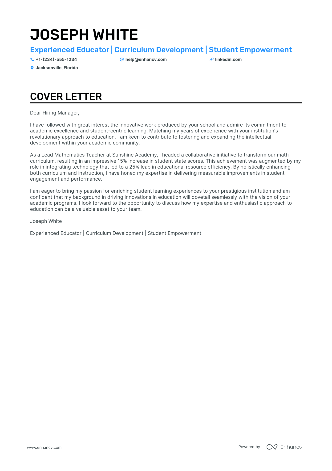 sample cover letter teacher job