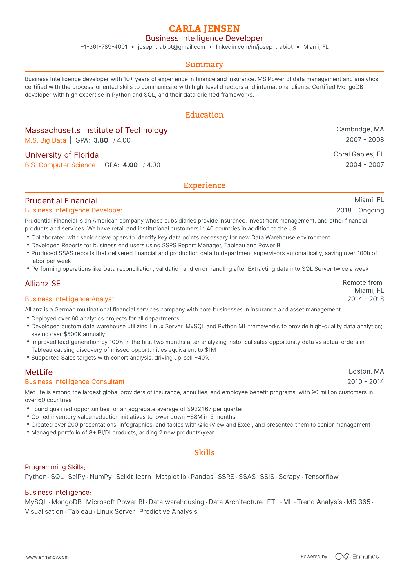 Traditional Business Intelligence Resume Template