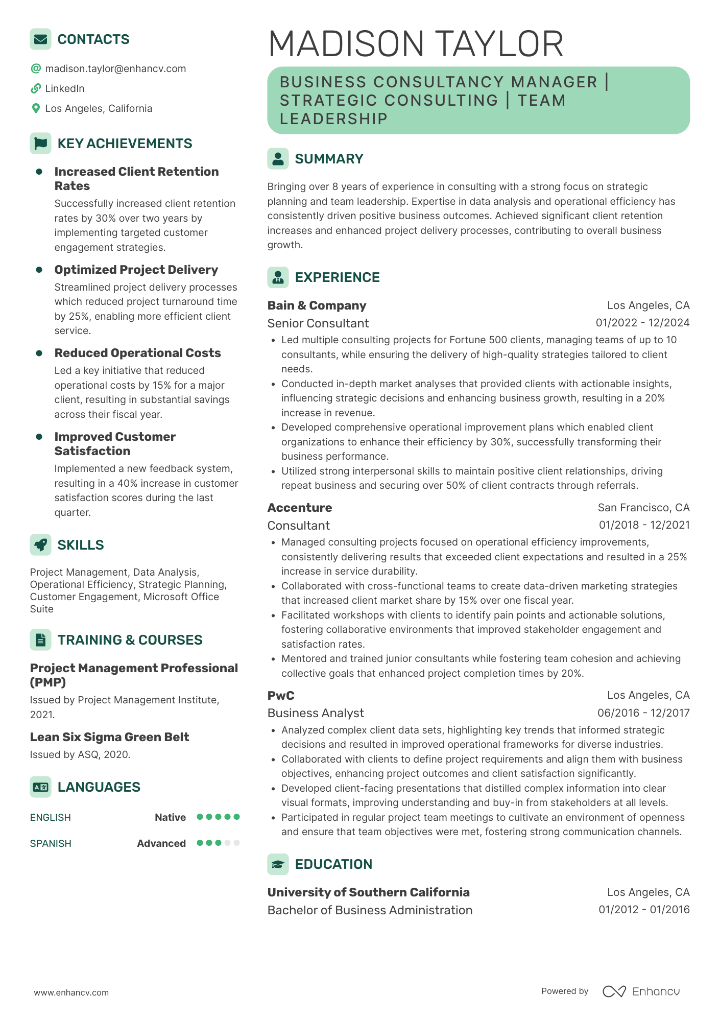 A resume example of a Business Consultancy Manager