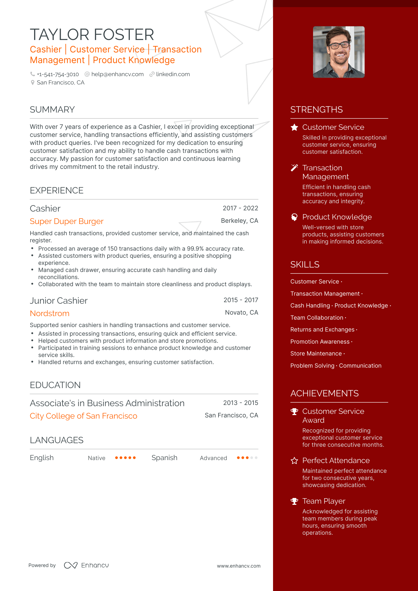 One Page Cashier Resume Template