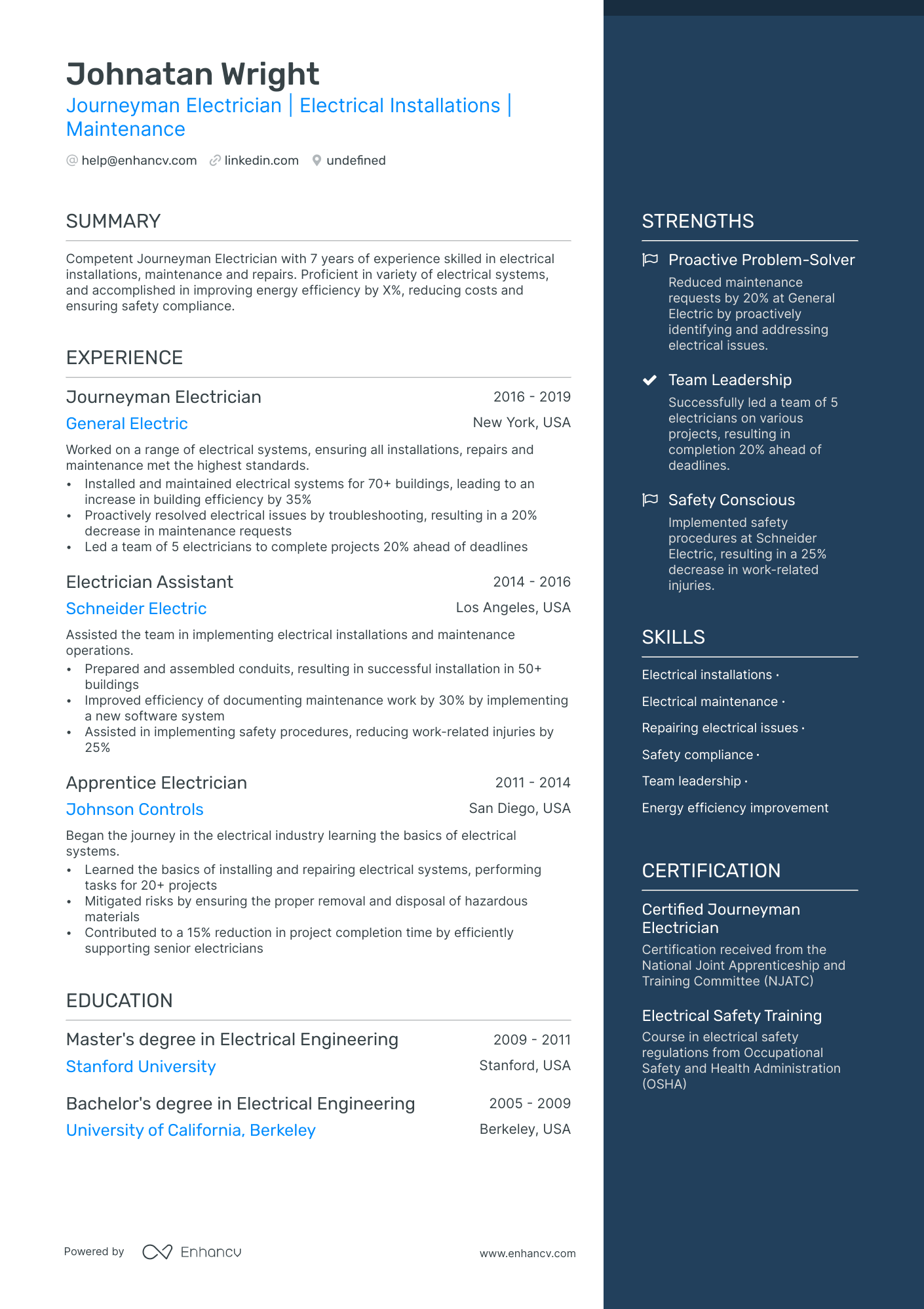 resume sample for applying electrician