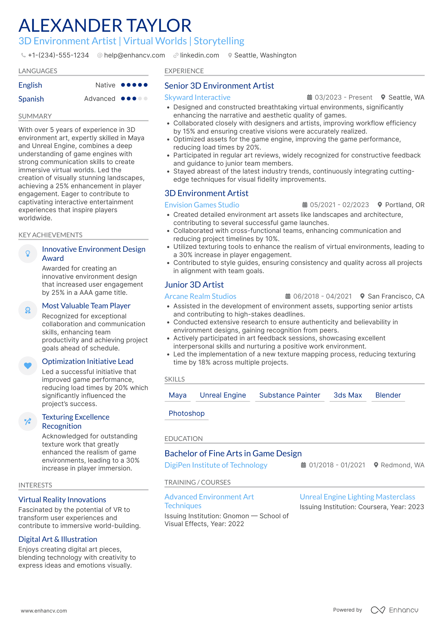 A resume example of a 3D Environment Artist
