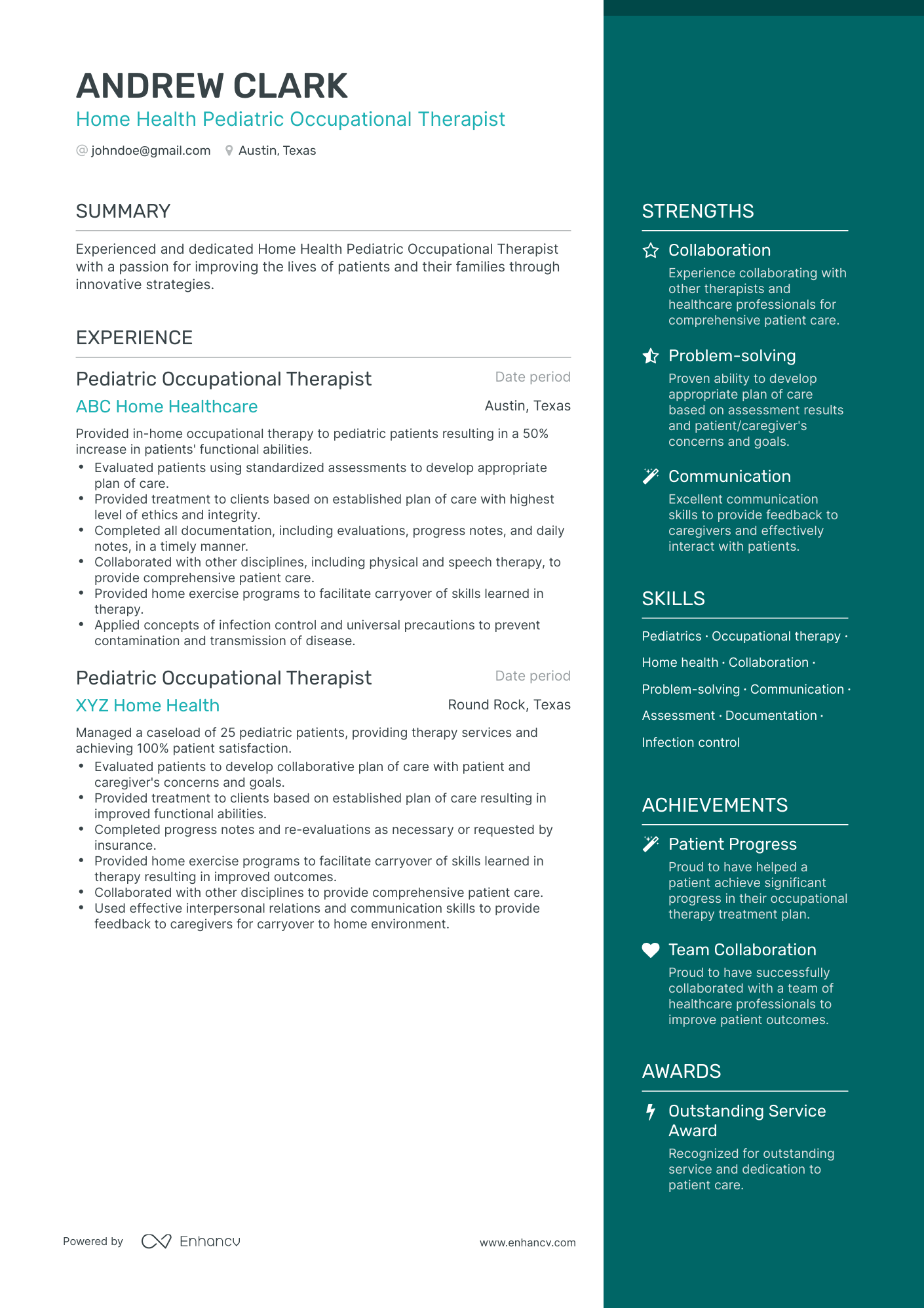 One Page Occupational Therapist Resume Template