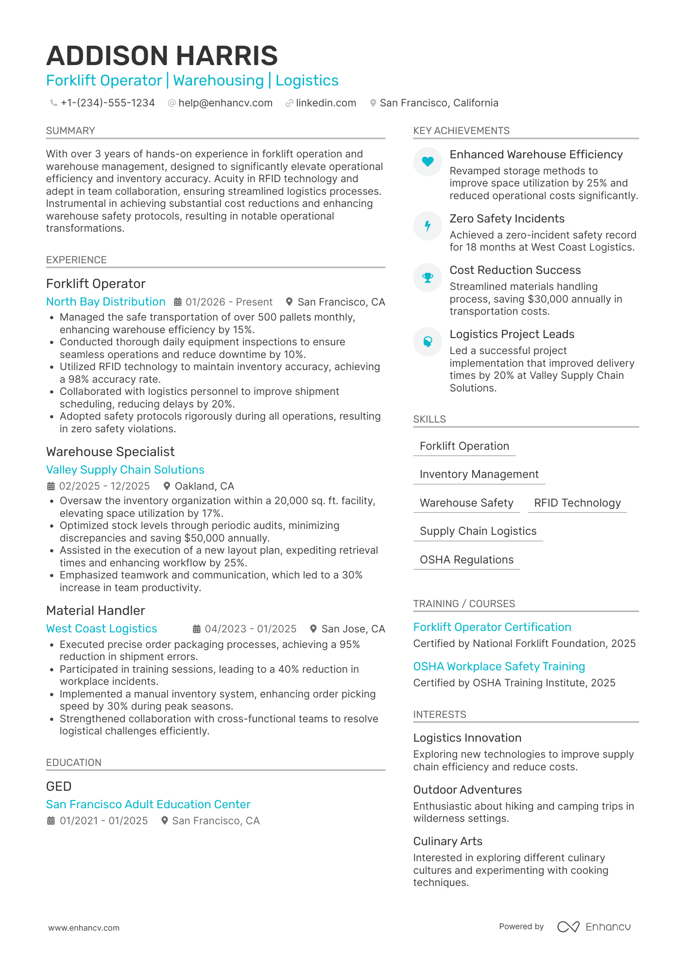 A resume example of a Part Time Forklift Operator