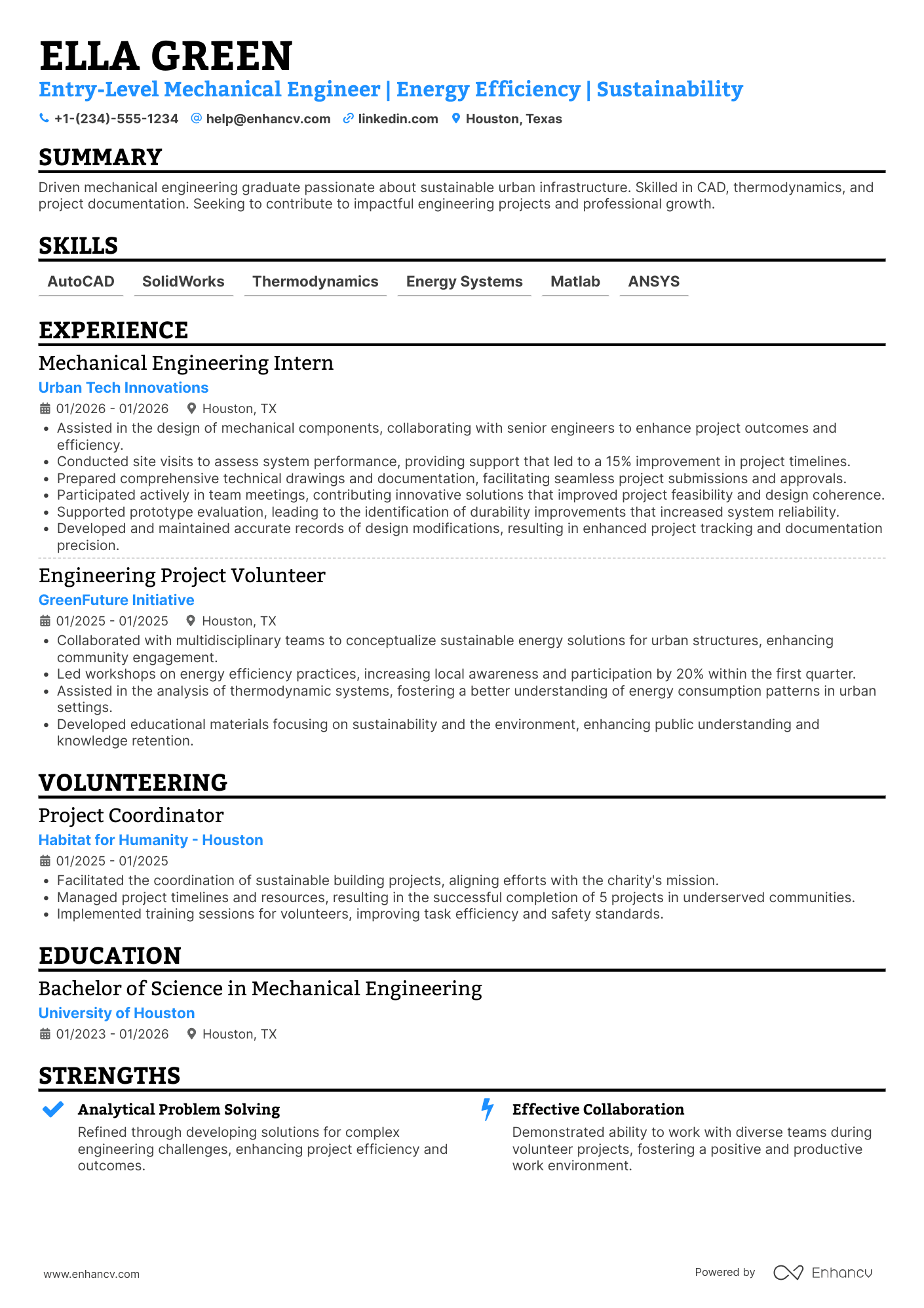 A resume example of a Entry Level Engineering