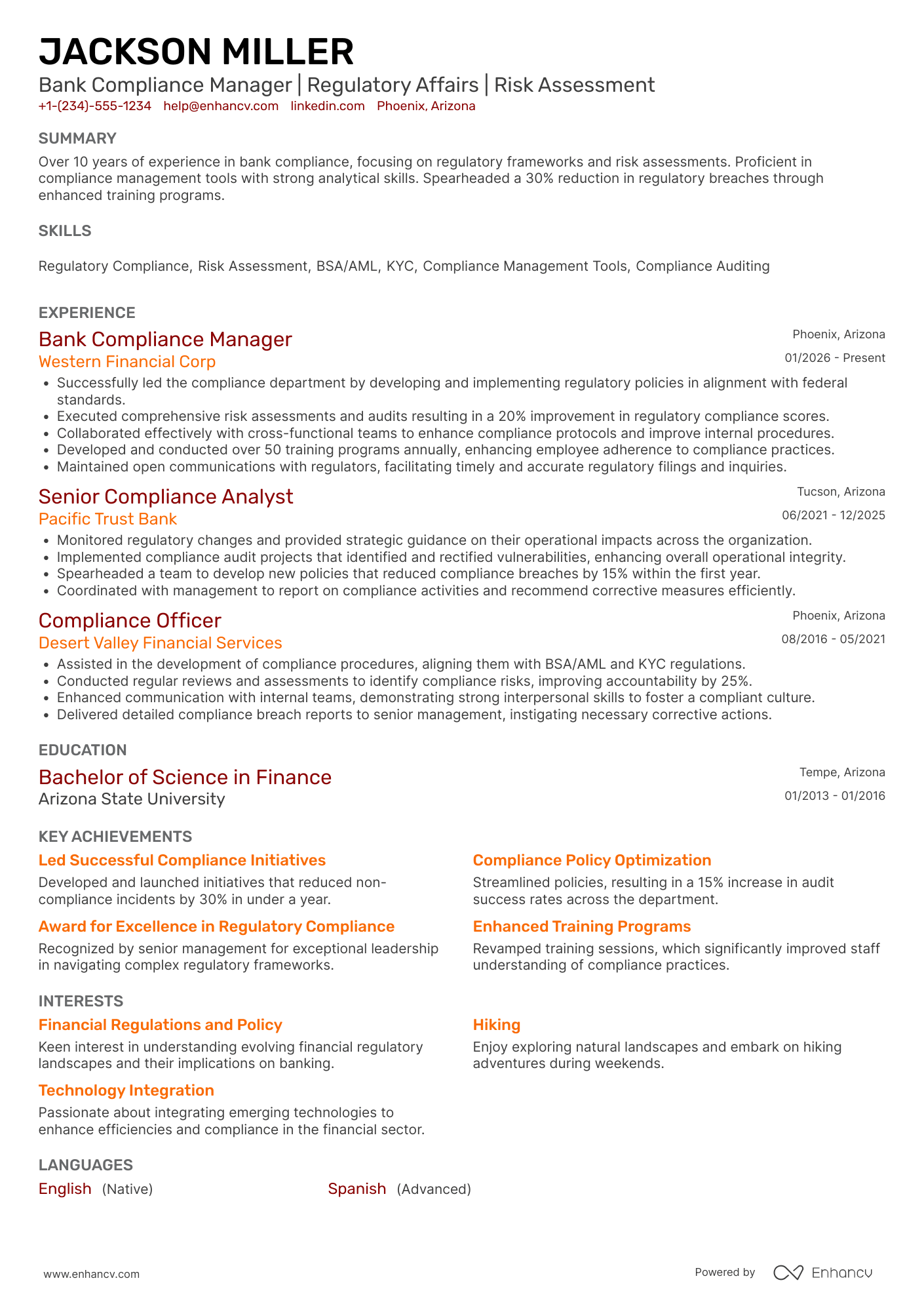 A resume example of a Bank Compliance Manager
