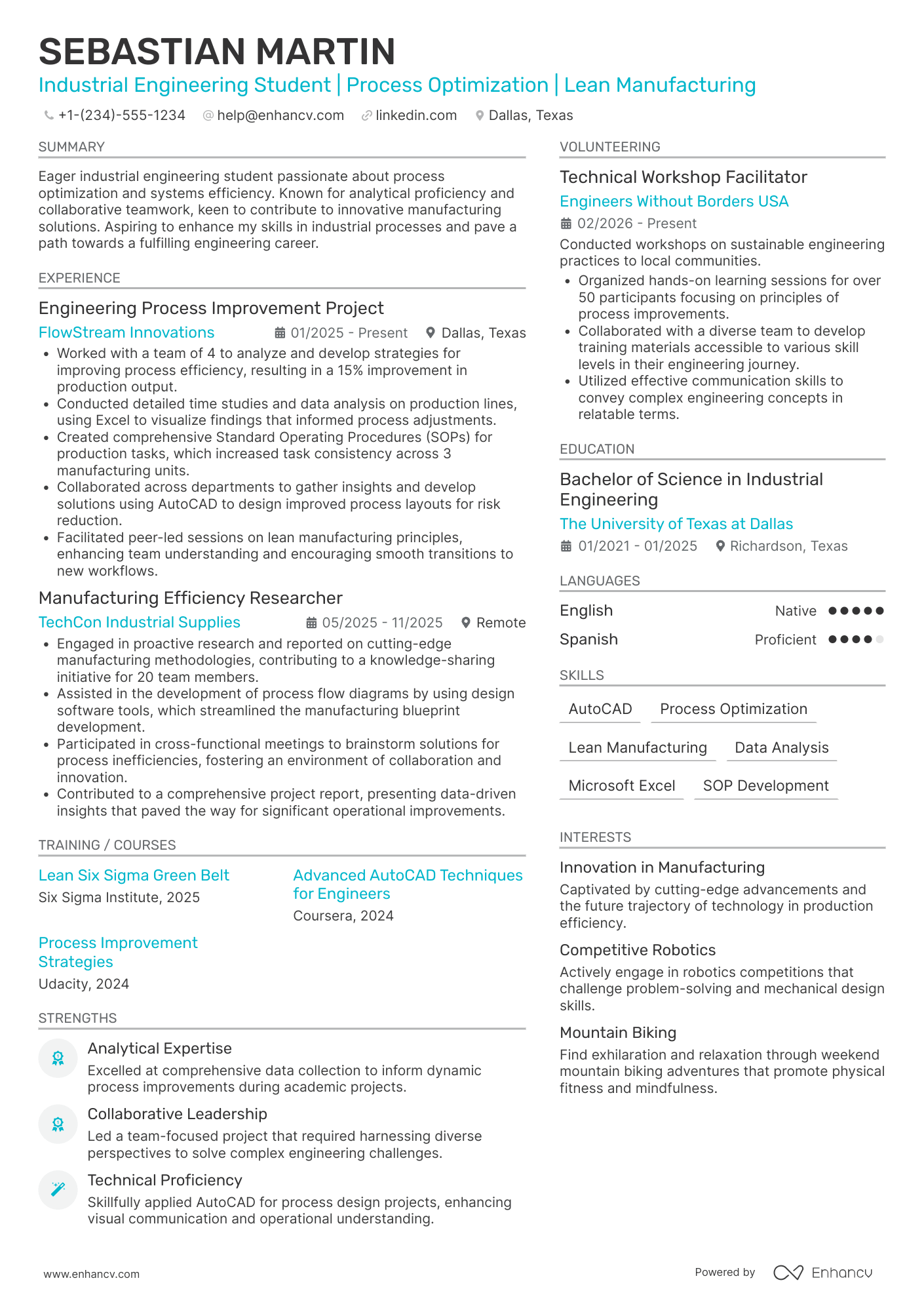 A resume example of a Industrial Engineering Intern