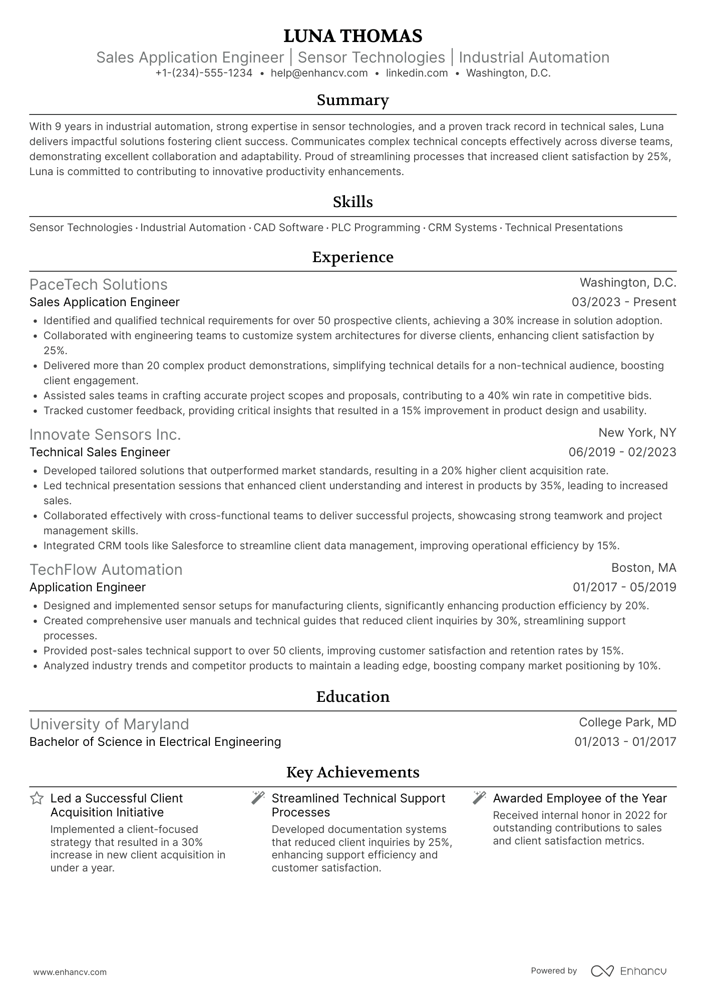 A resume example of a Sales Application Engineer