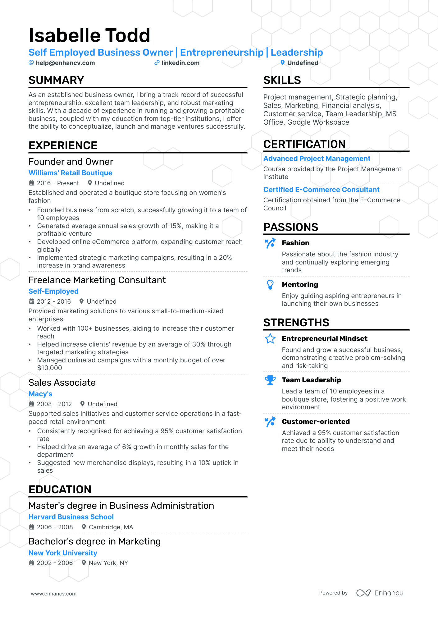 self employed work experience resume