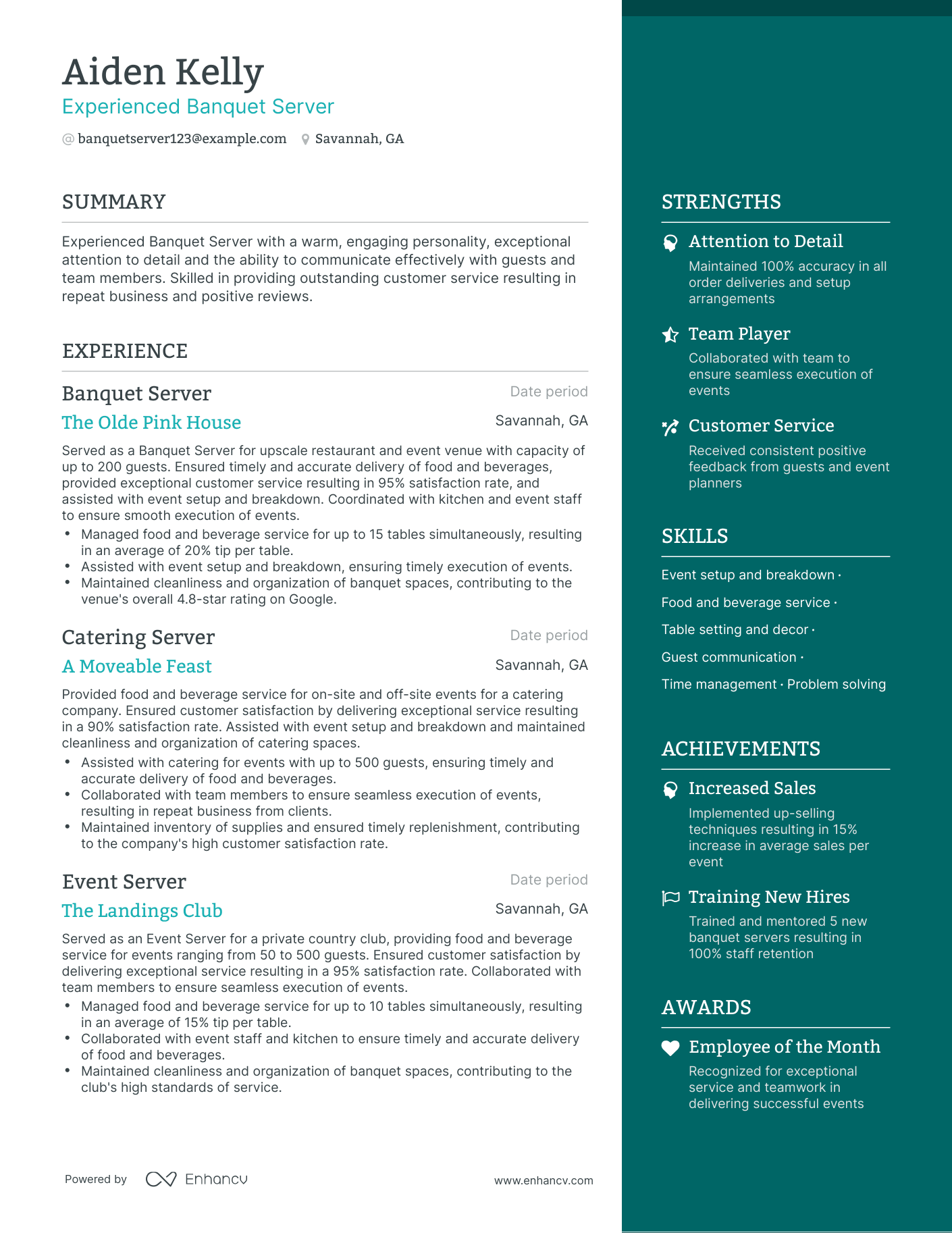 One Page Banquet Server Resume Template