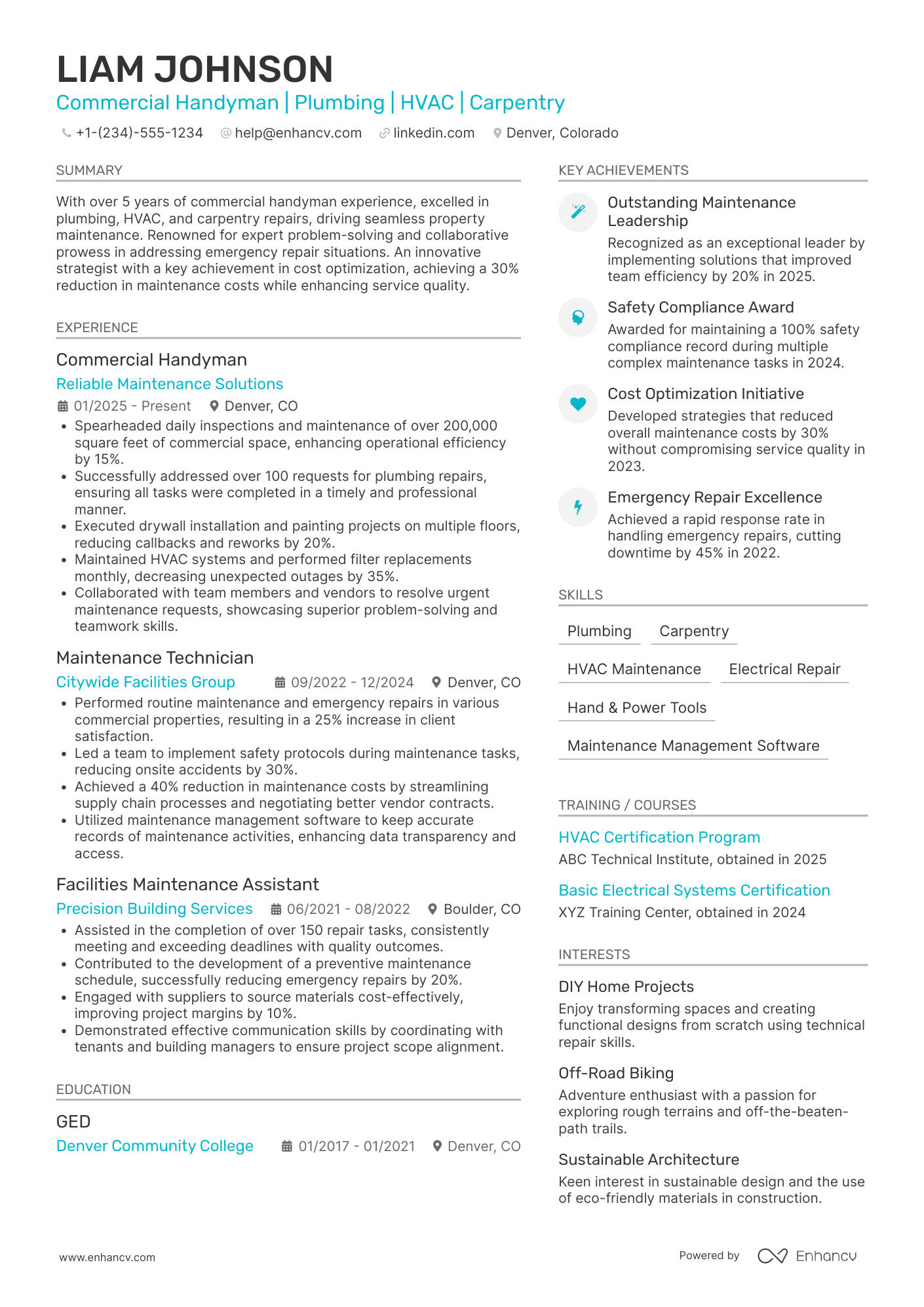 A resume example of a Commercial Handyman