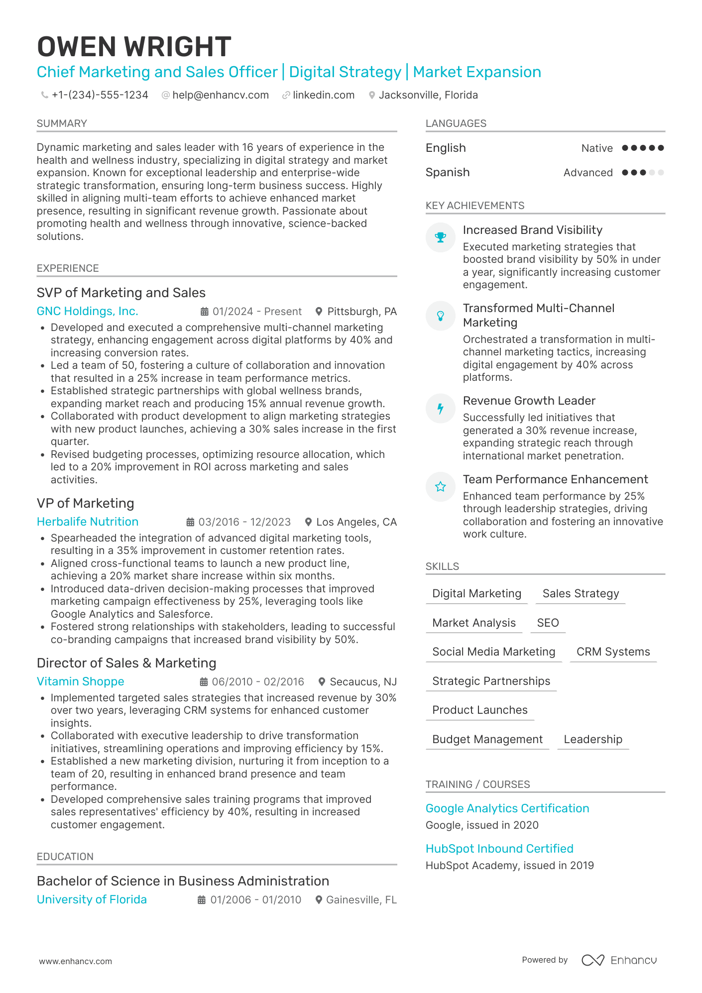 A resume example of a Chief Marketing and Sales Officer