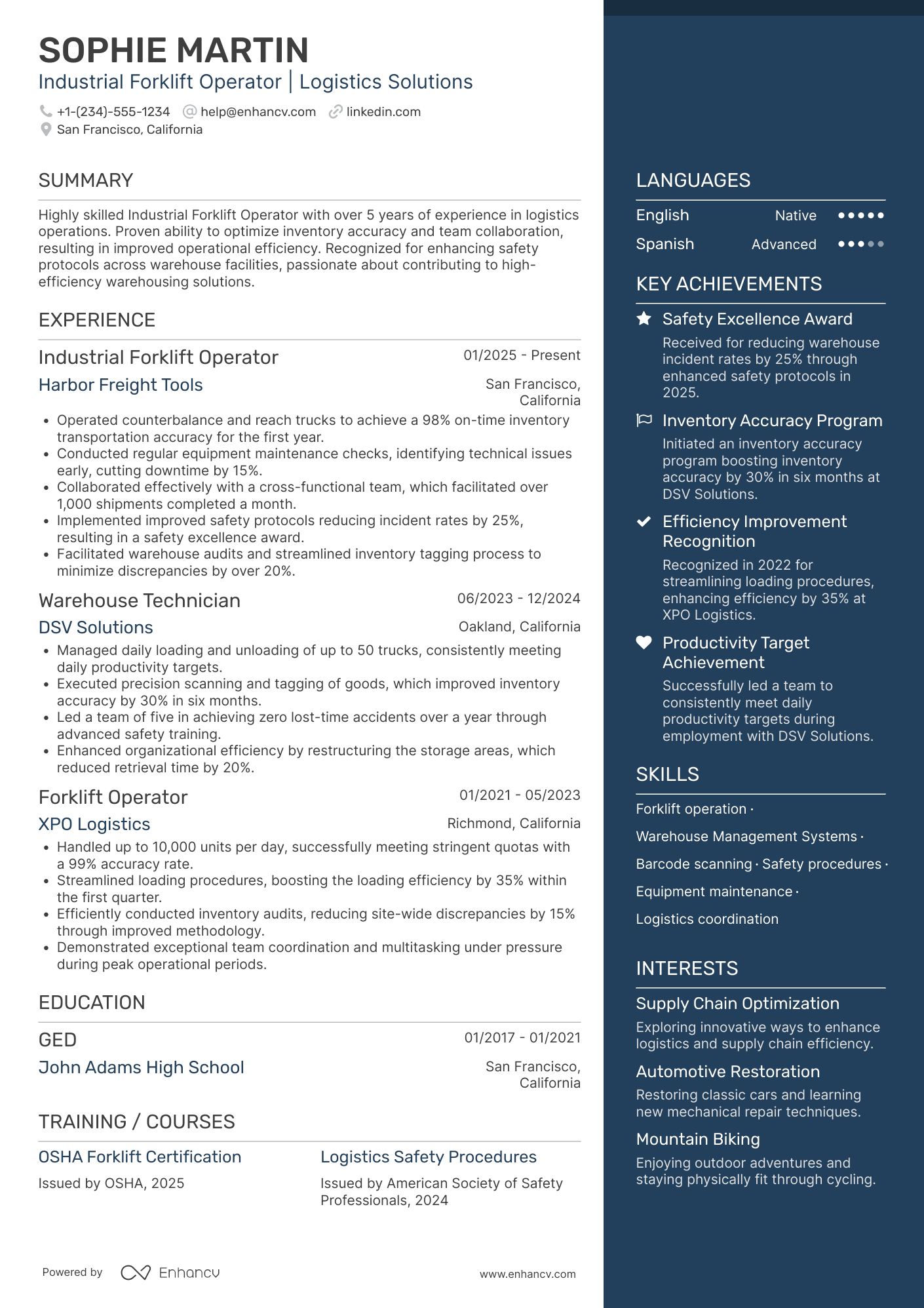 A resume example of a Industrial Forklift Operator