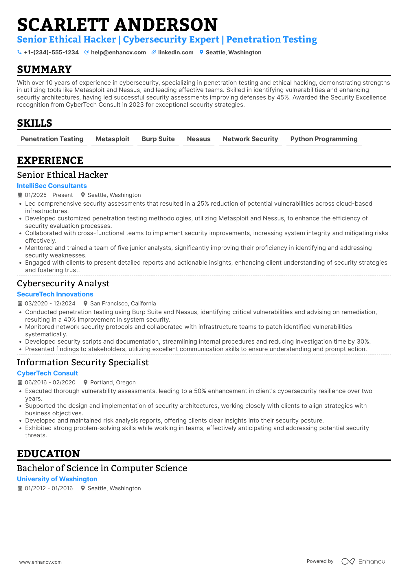 A resume example of a Senior Ethical Hacker