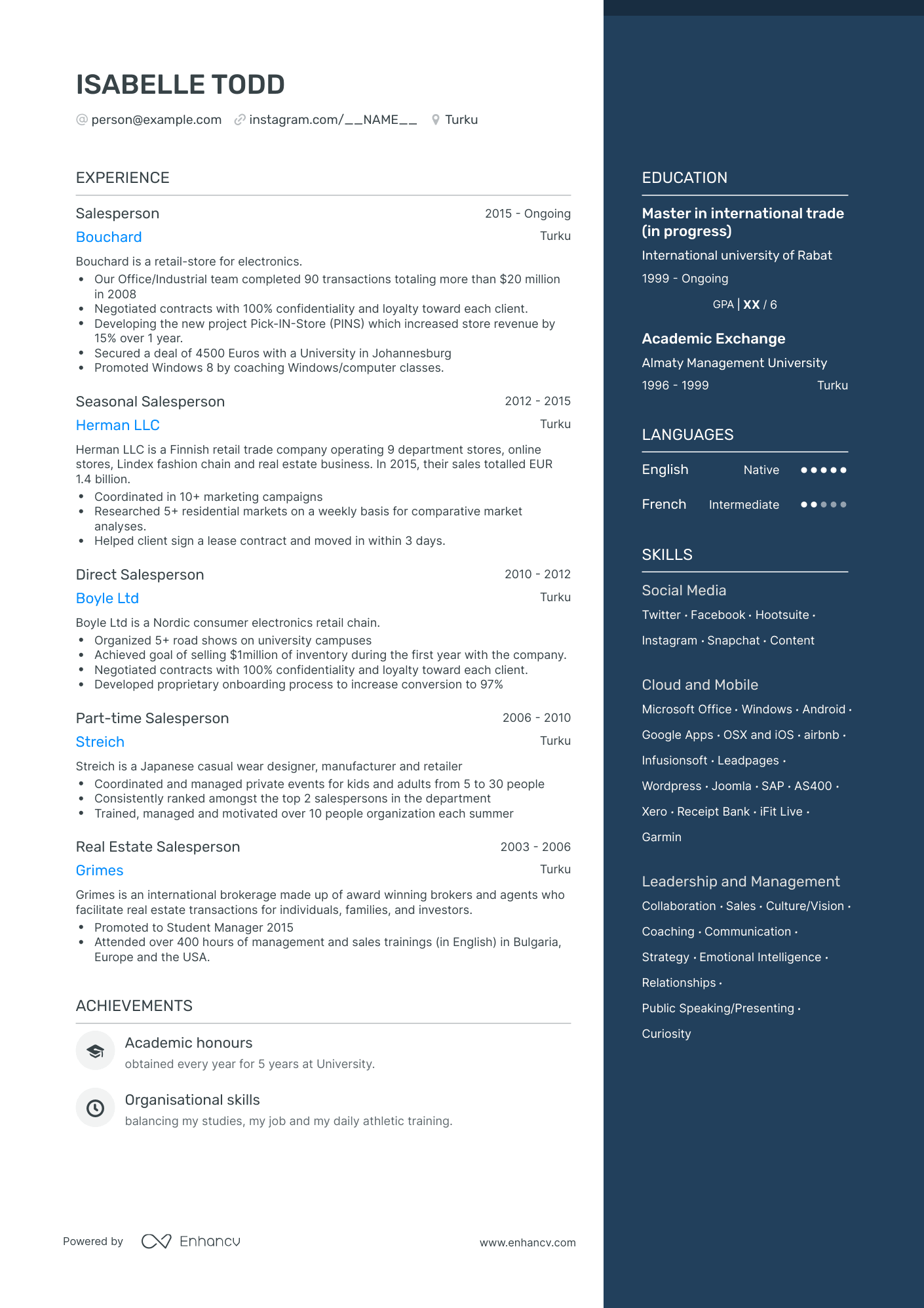 One Page Sales Person Resume Template