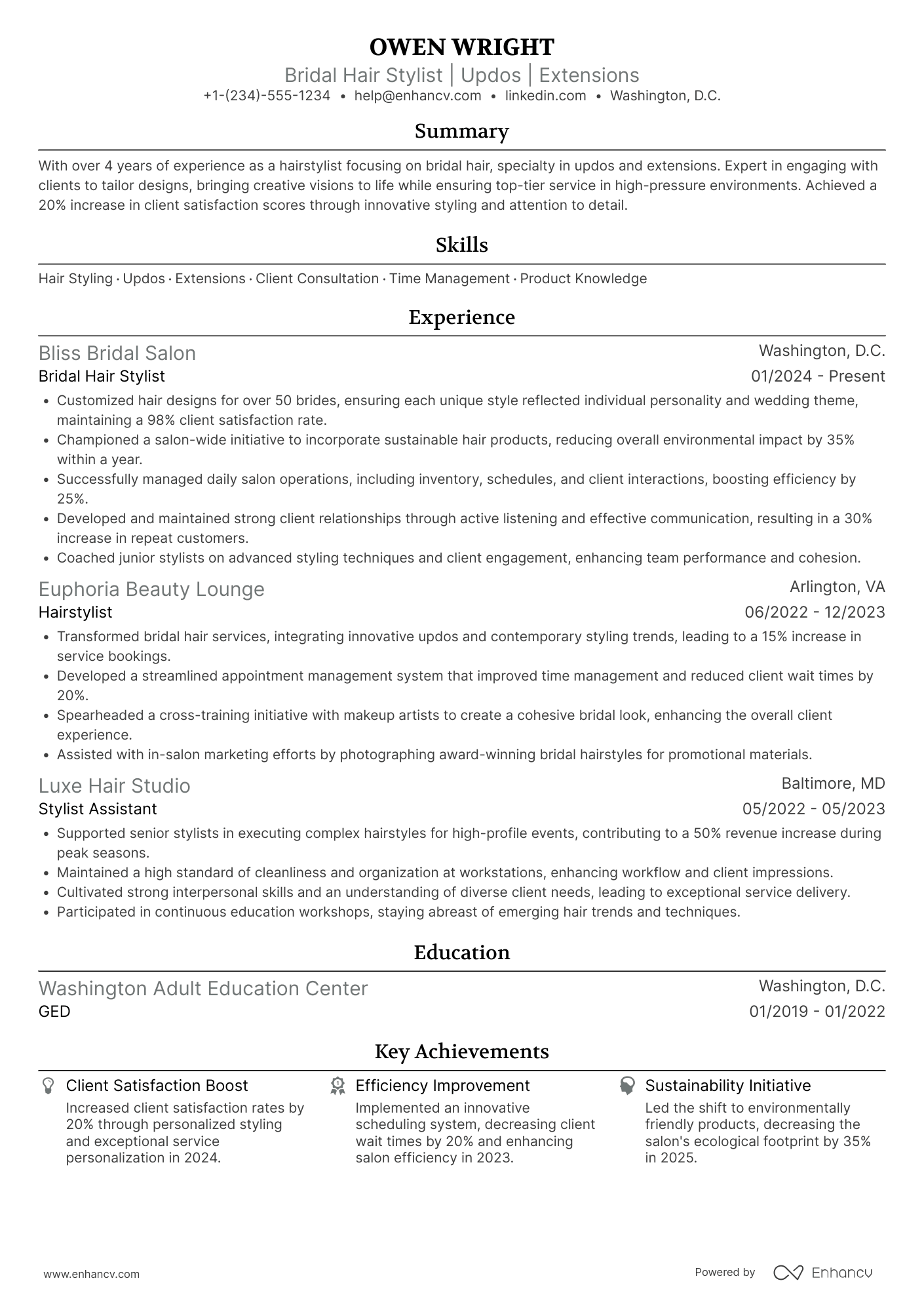 A resume example of a Bridal Hair Stylist