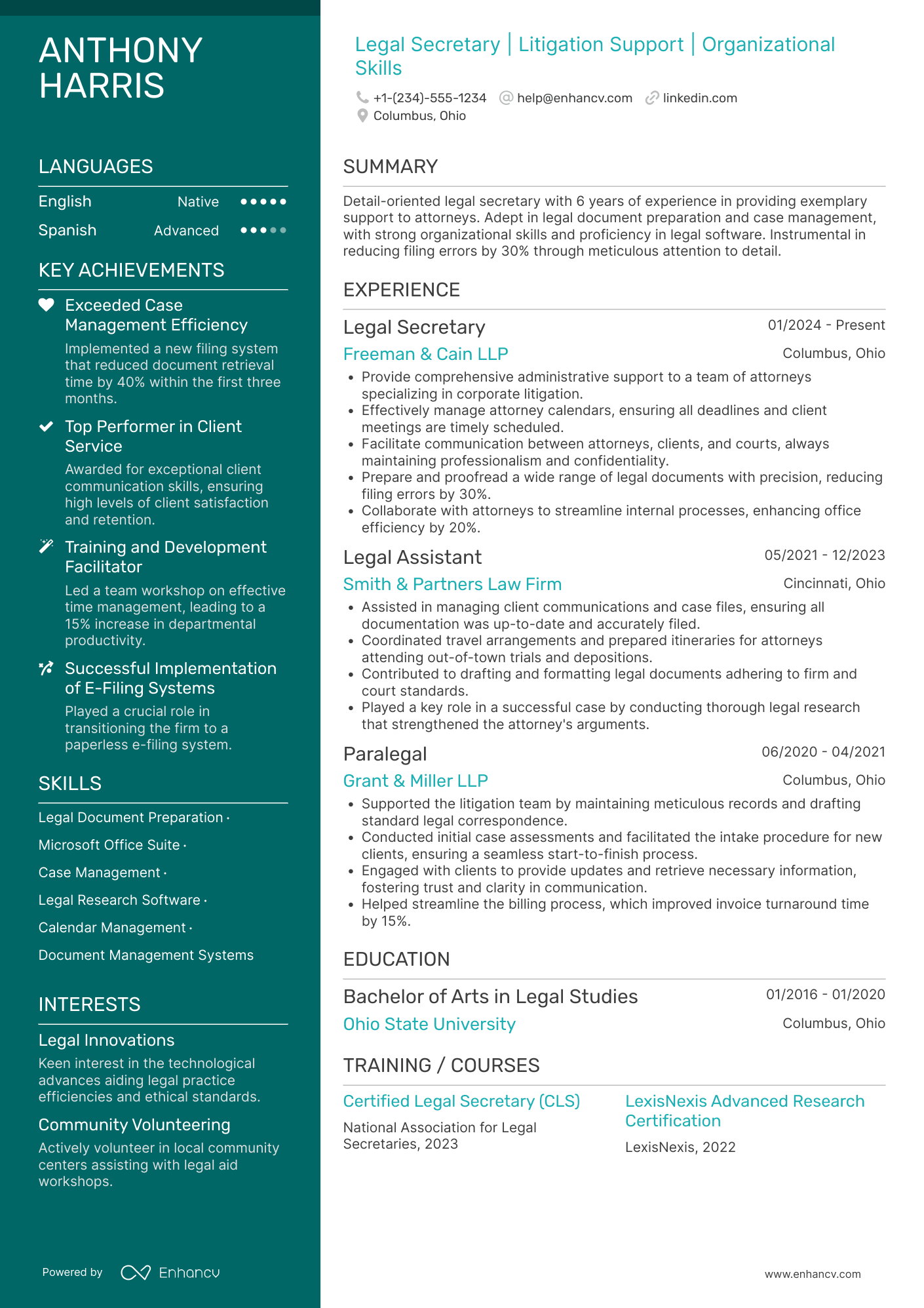 A resume example of a Legal Secretary