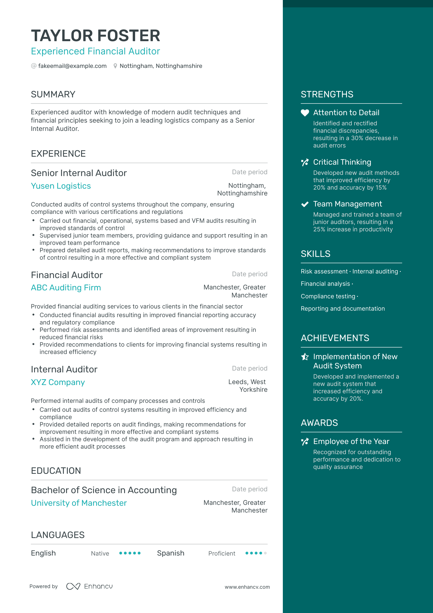 One Page Financial Auditor Resume Template