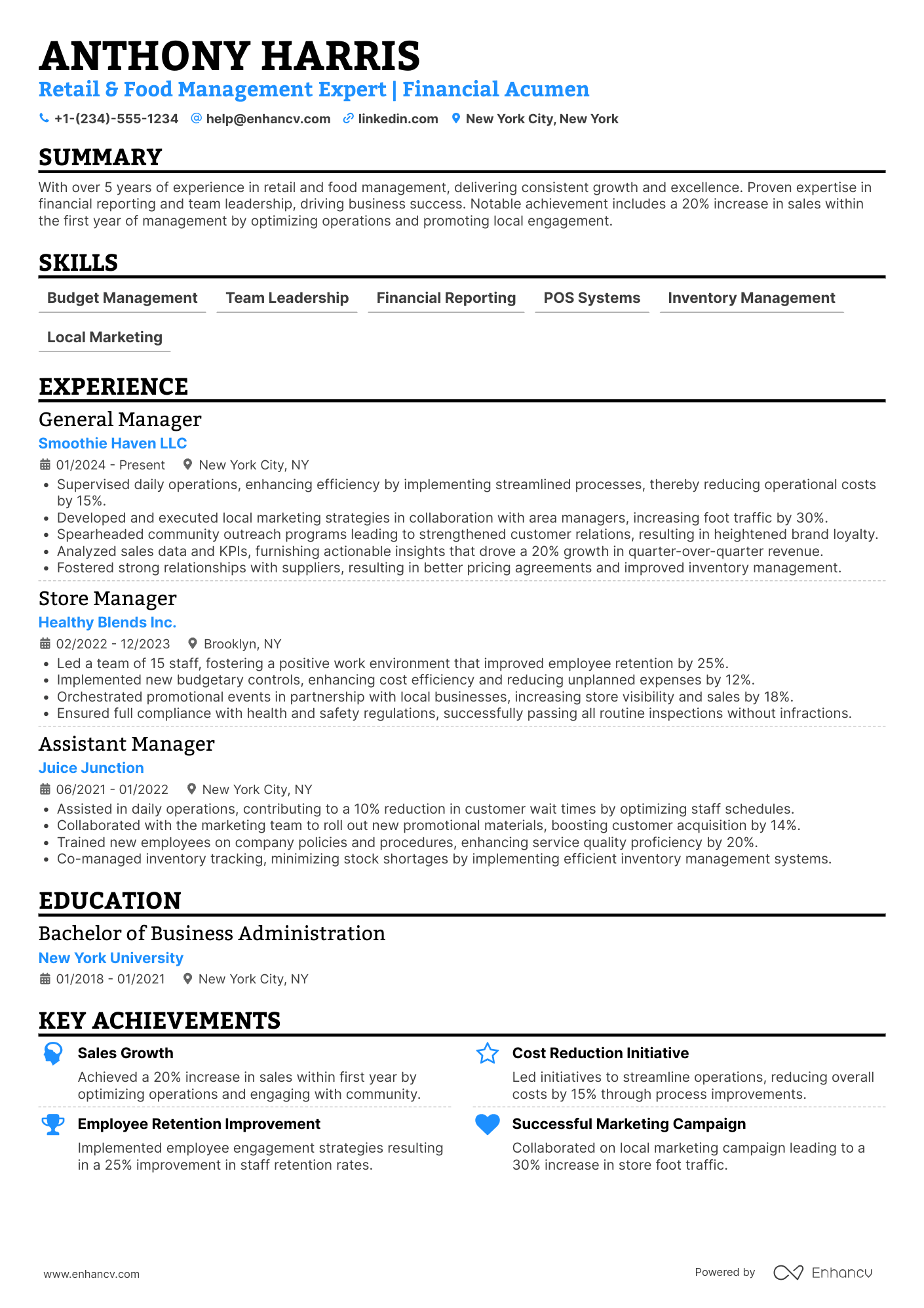 A resume example of a Franchise Business Owner