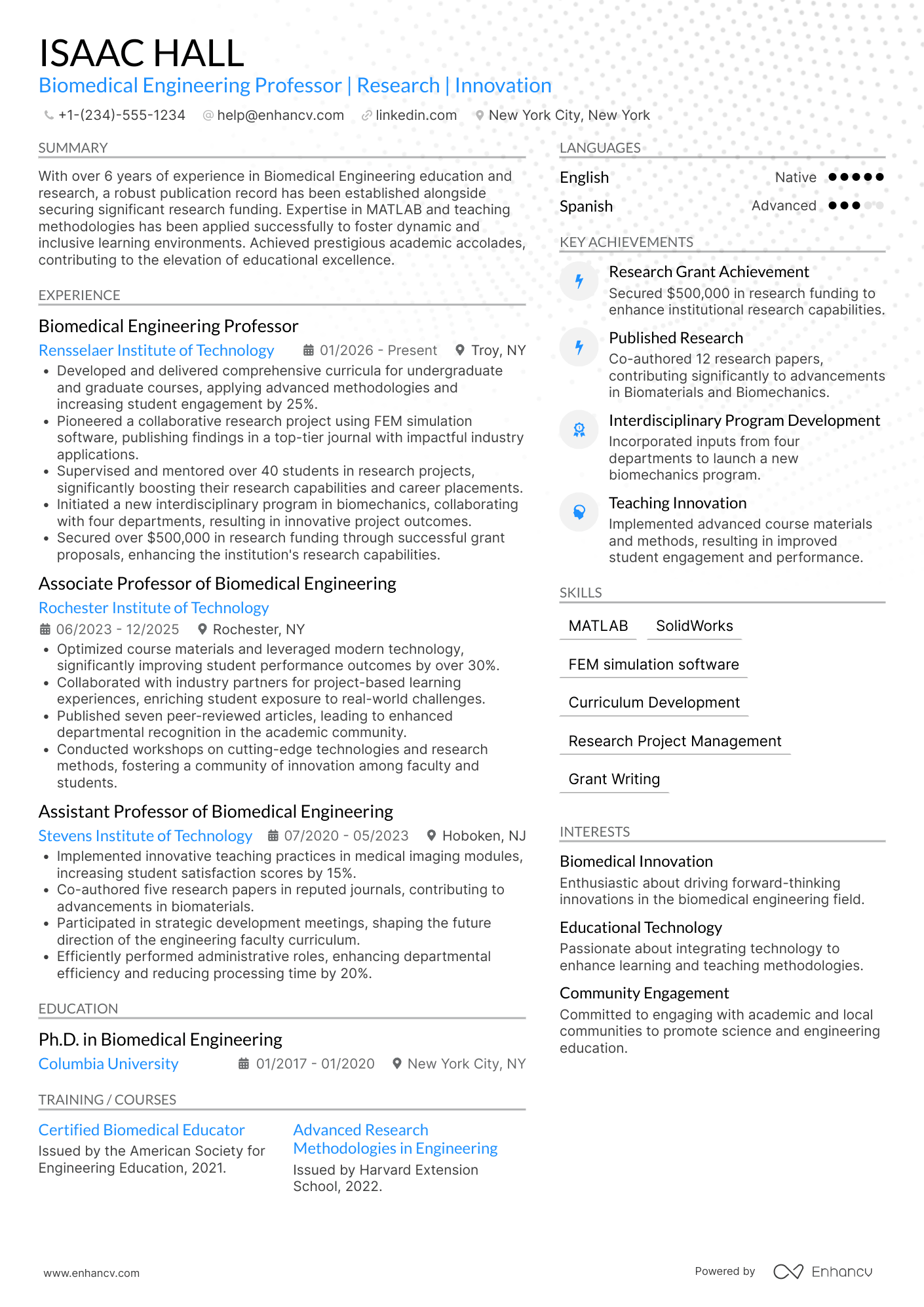 A resume example of a Biomedical Engineering Professor