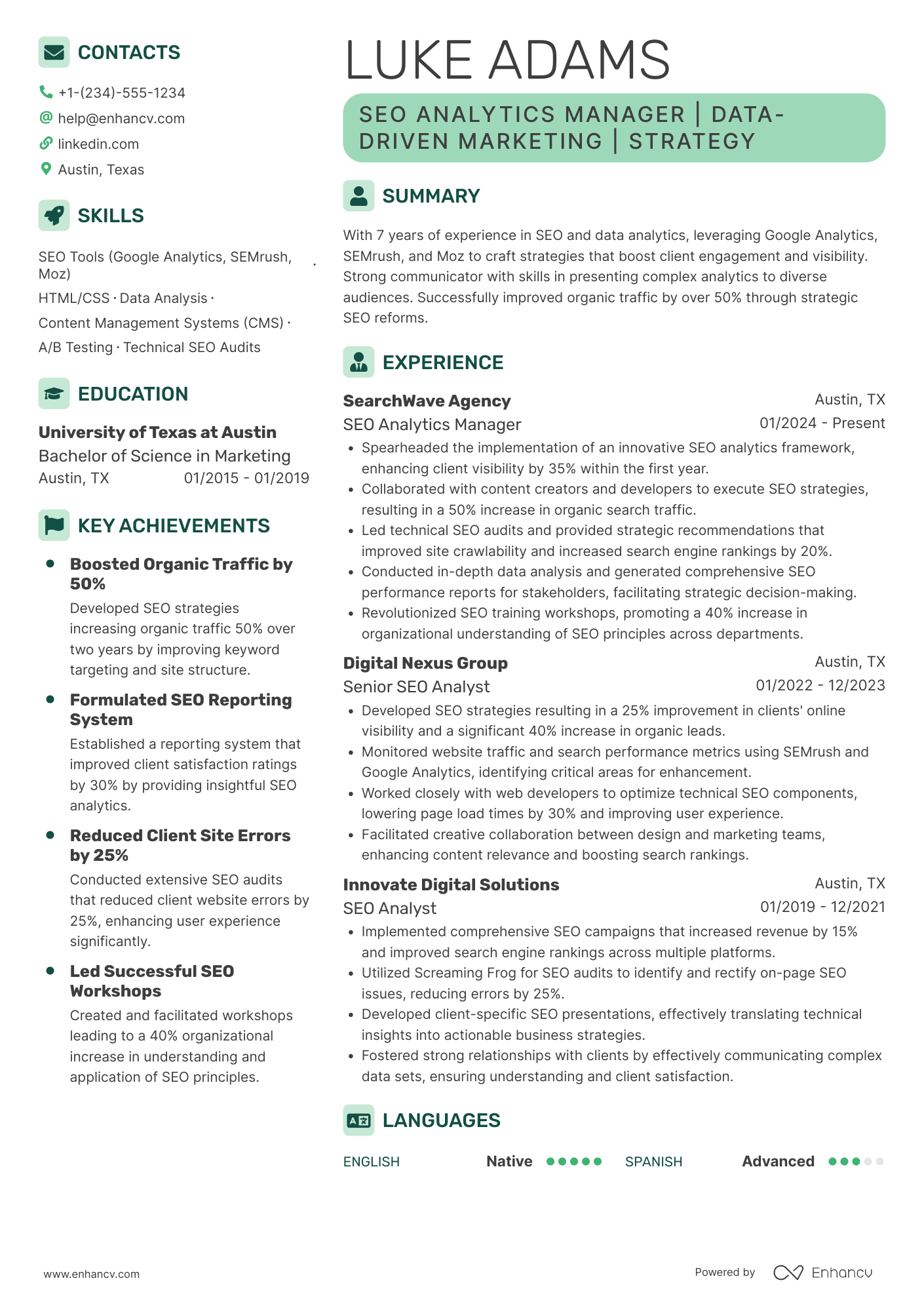 A resume example of a SEO Analytics Manager