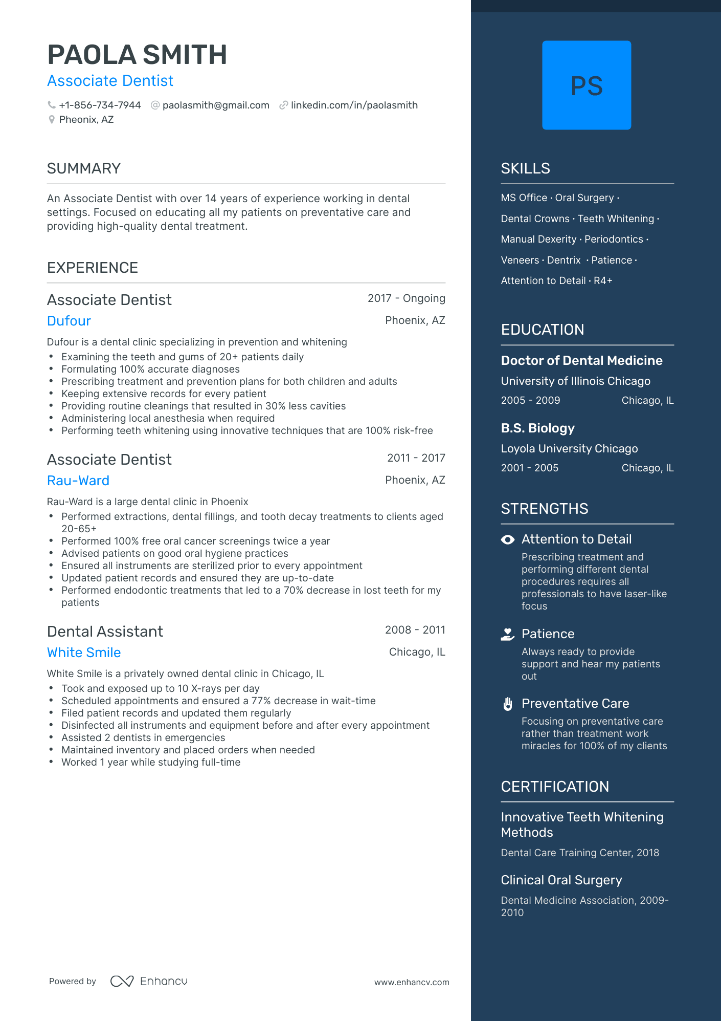 One Page Associate Dentist Resume Template