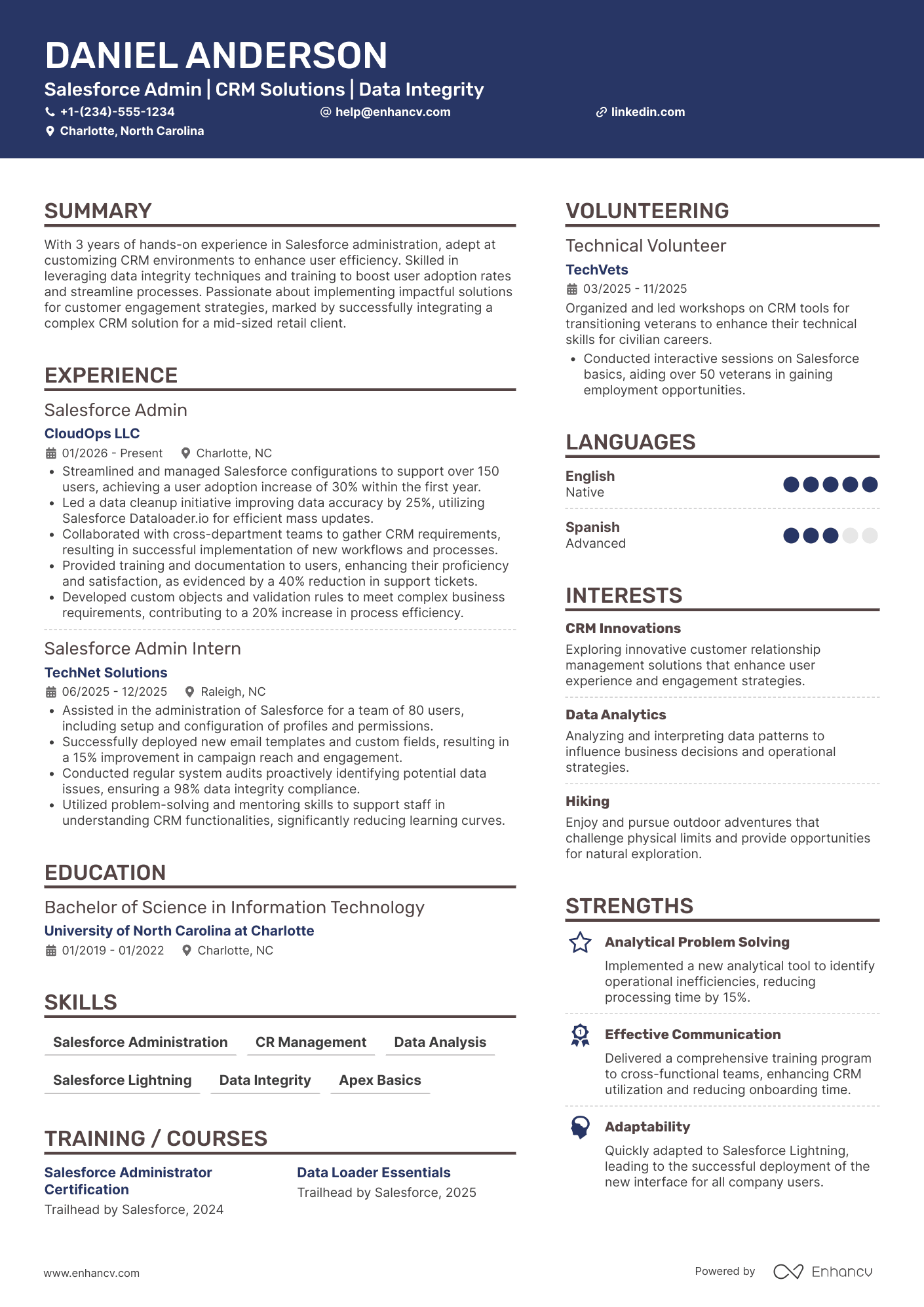A resume example of a Junior Salesforce Admin