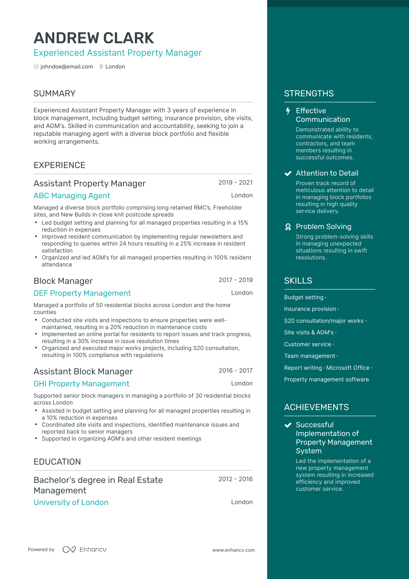 One Page Assistant Property Manager Resume Template