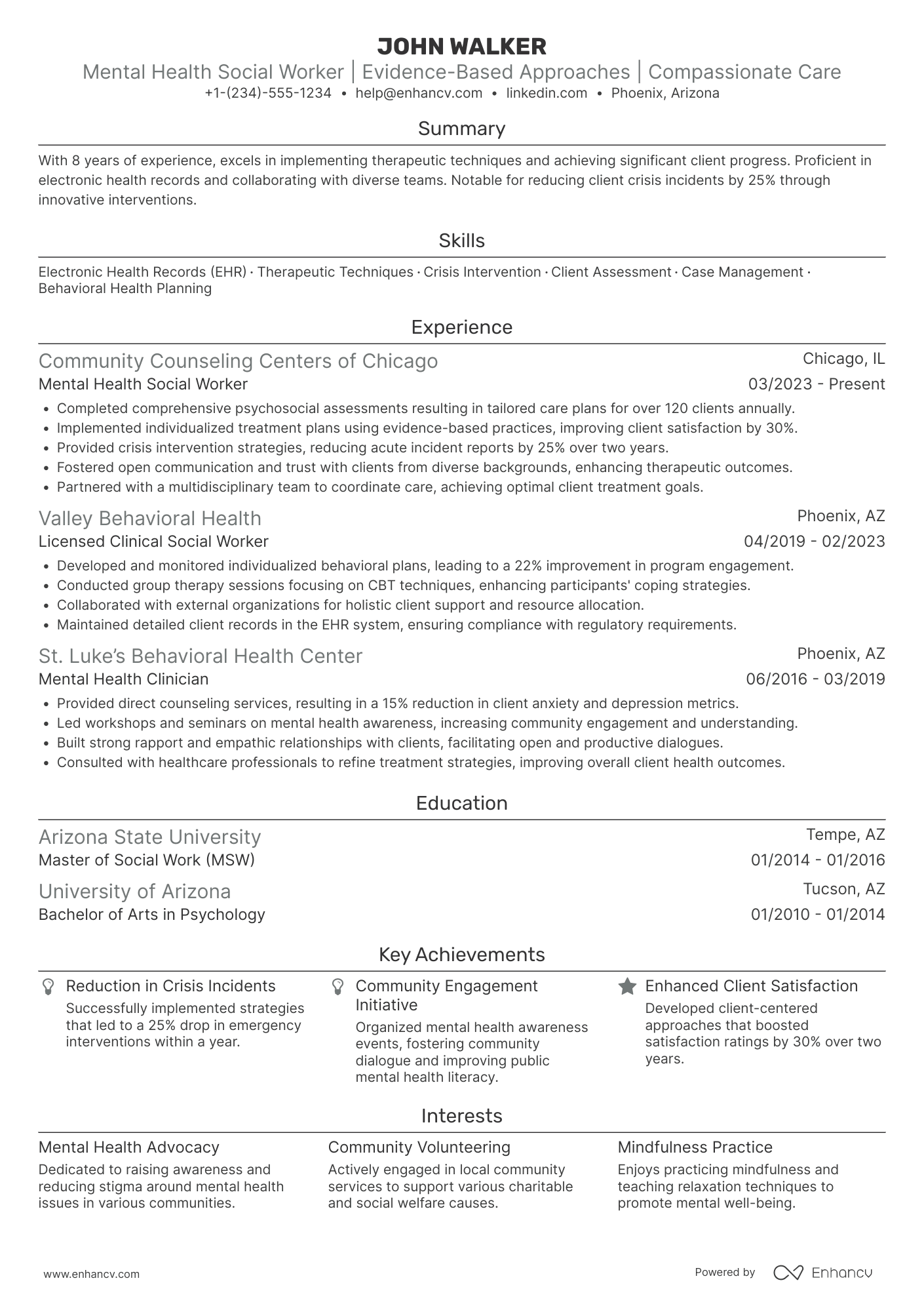 A resume example of a Mental Health Social Worker