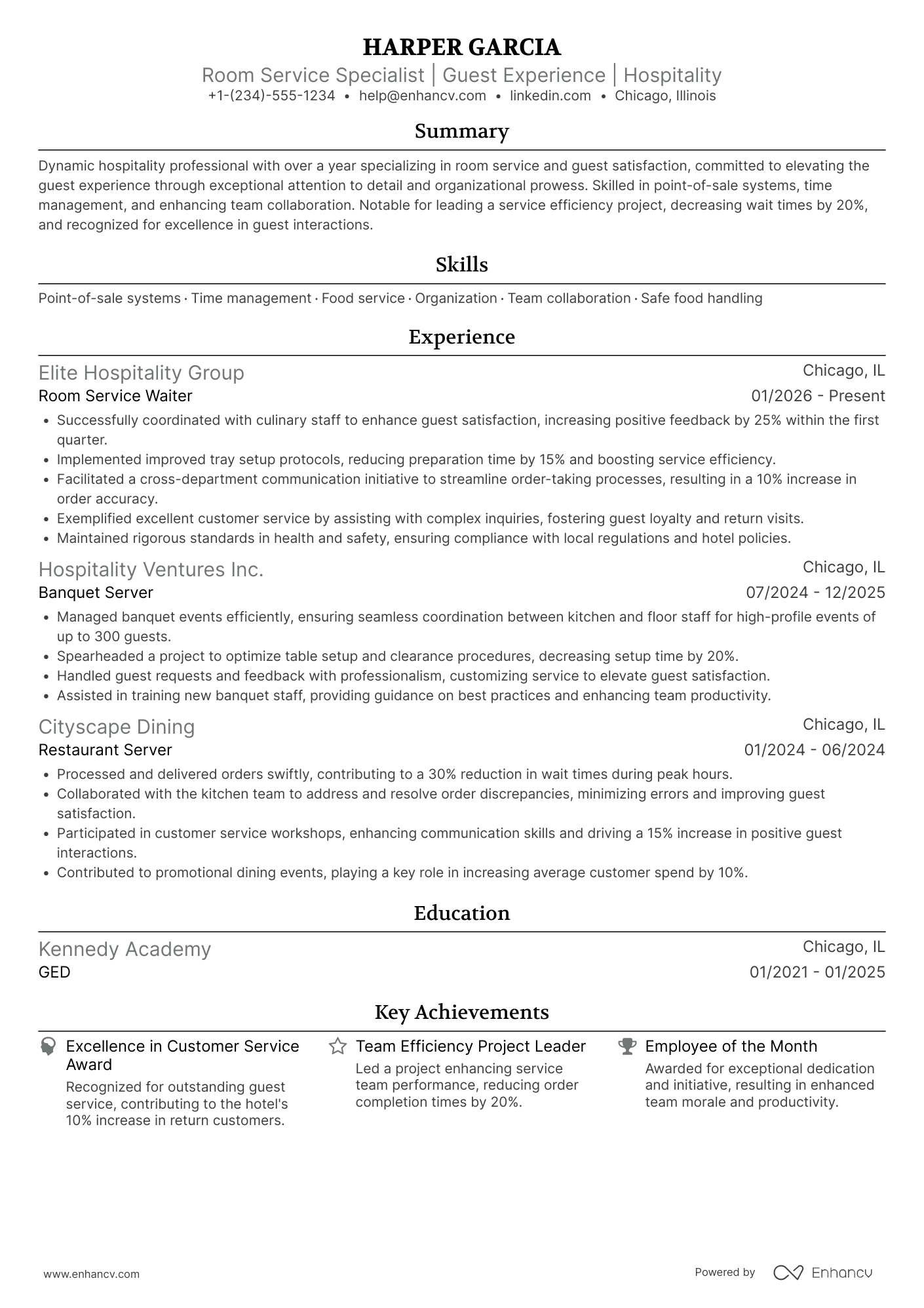 A resume example of a Room Service Waiter