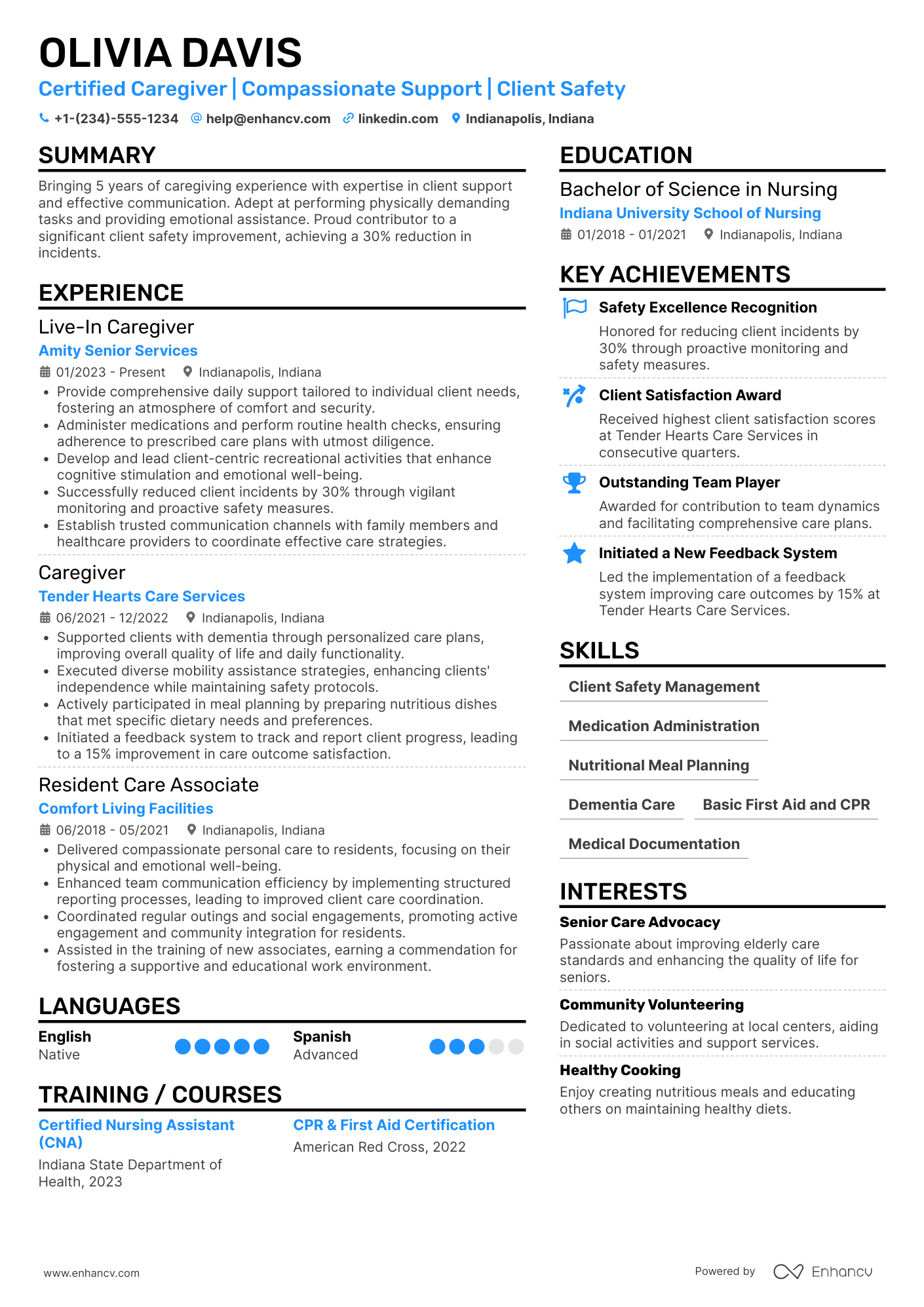 A resume example of a Live In Caregiver