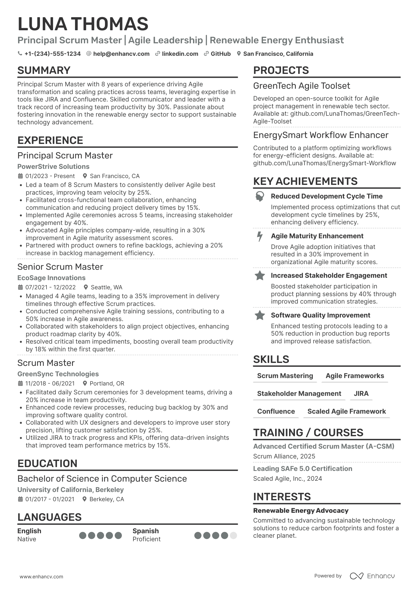 A resume example of a Principal Scrum Master