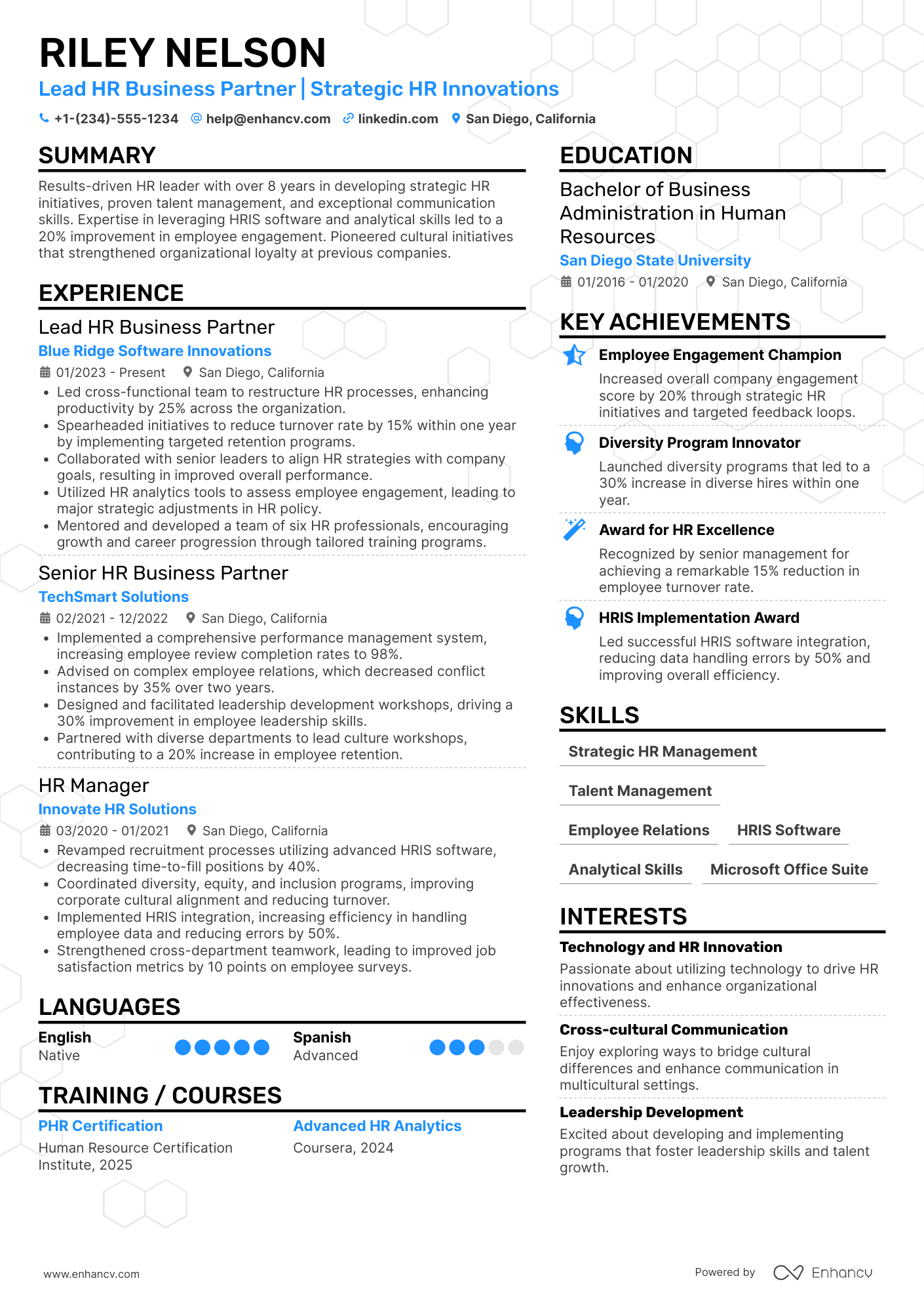 A resume example of a Lead HR Business Partner