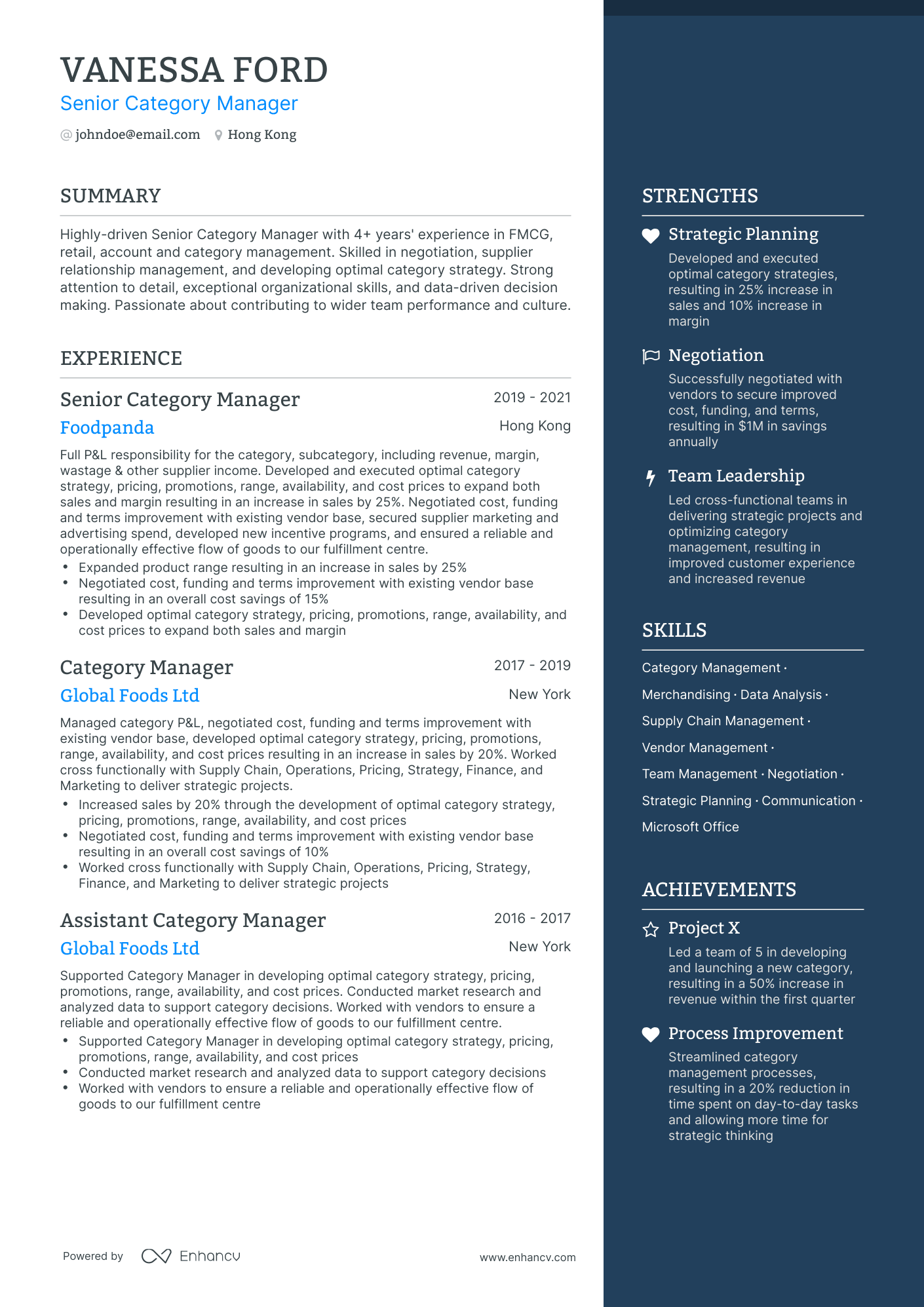 One Page Category Manager Resume Template