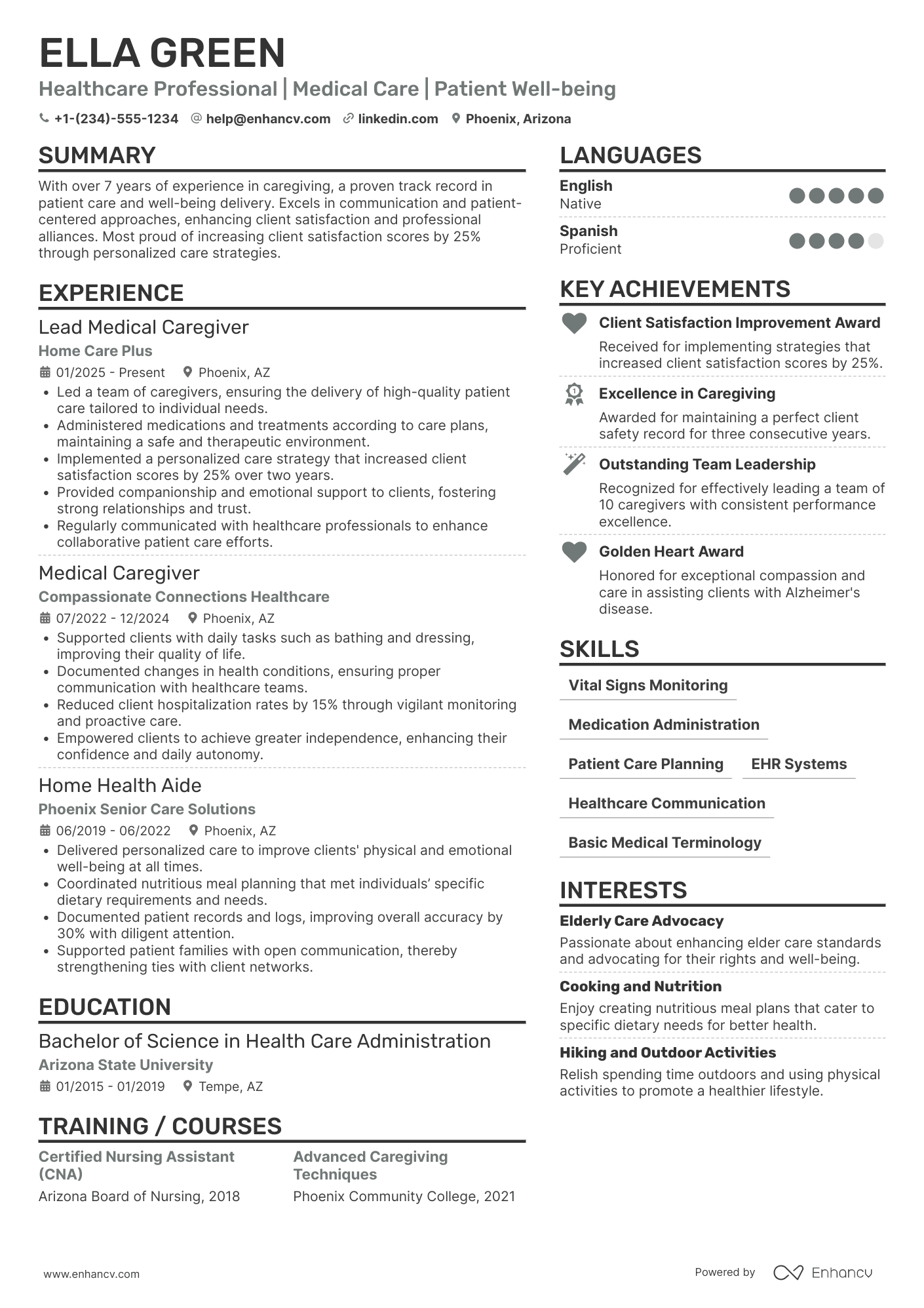 A resume example of a Medical Caregiver