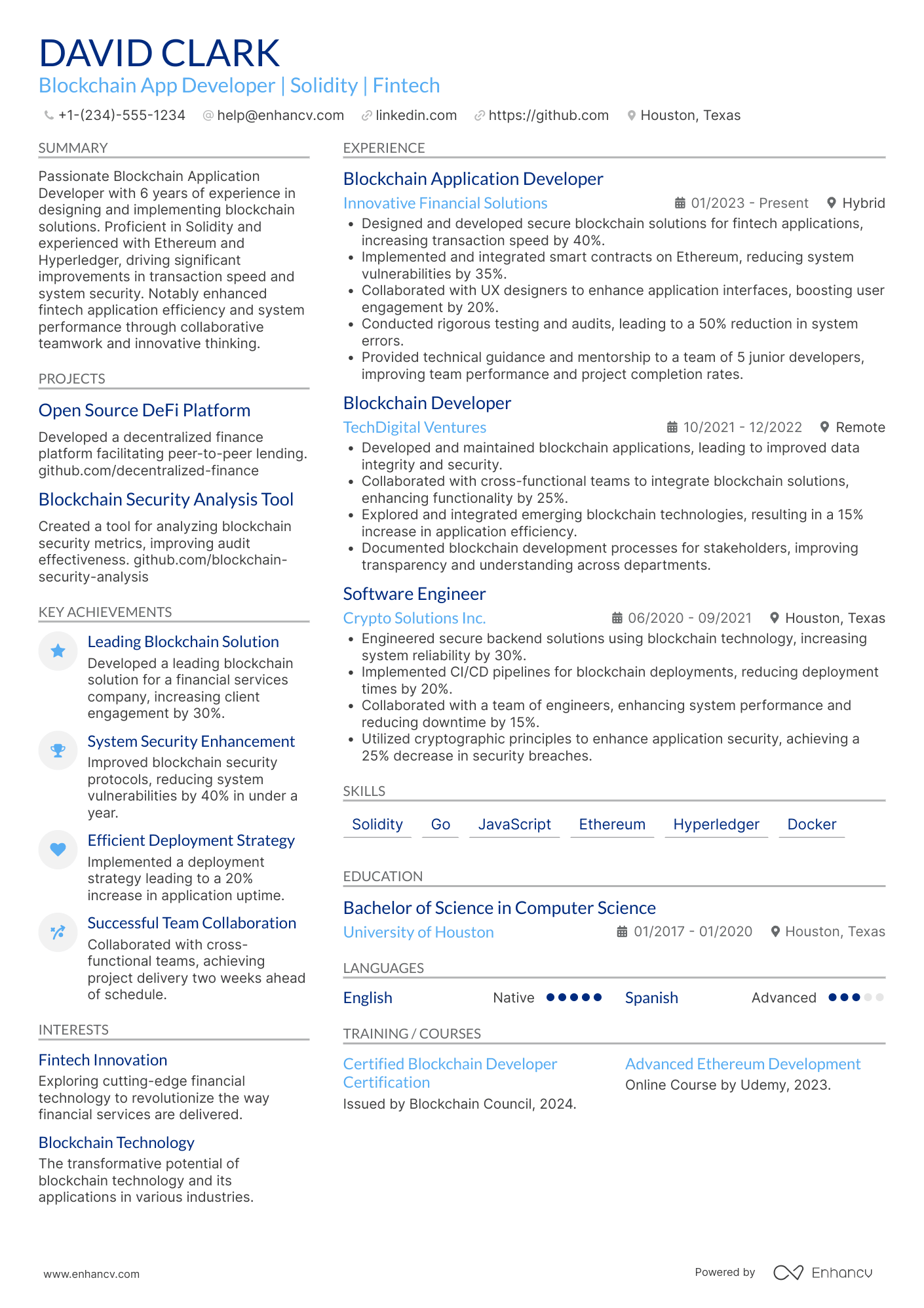 A resume example of a Blockchain Application Developer