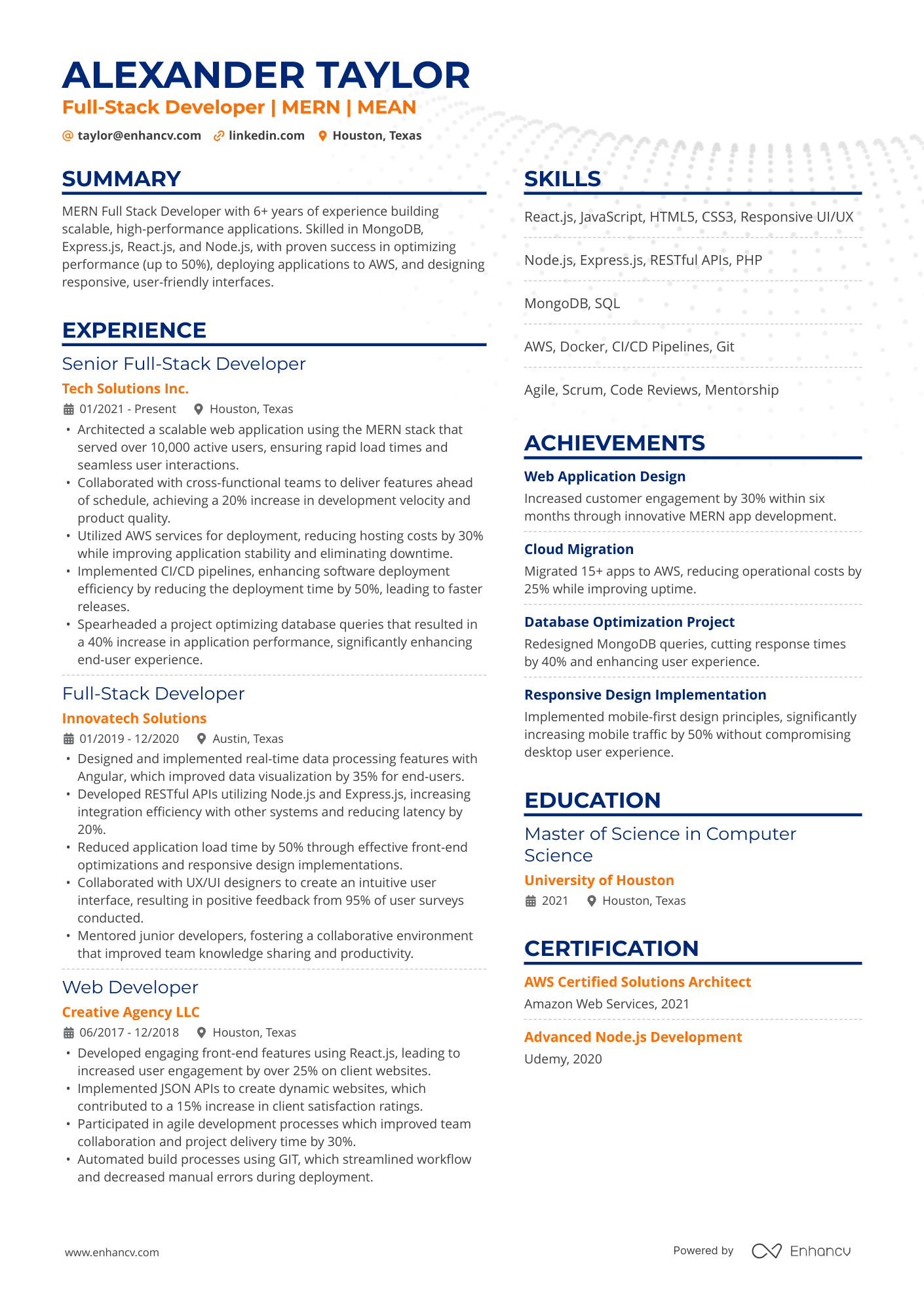 A resume example of a MEAN/MERN Full Stack Developer