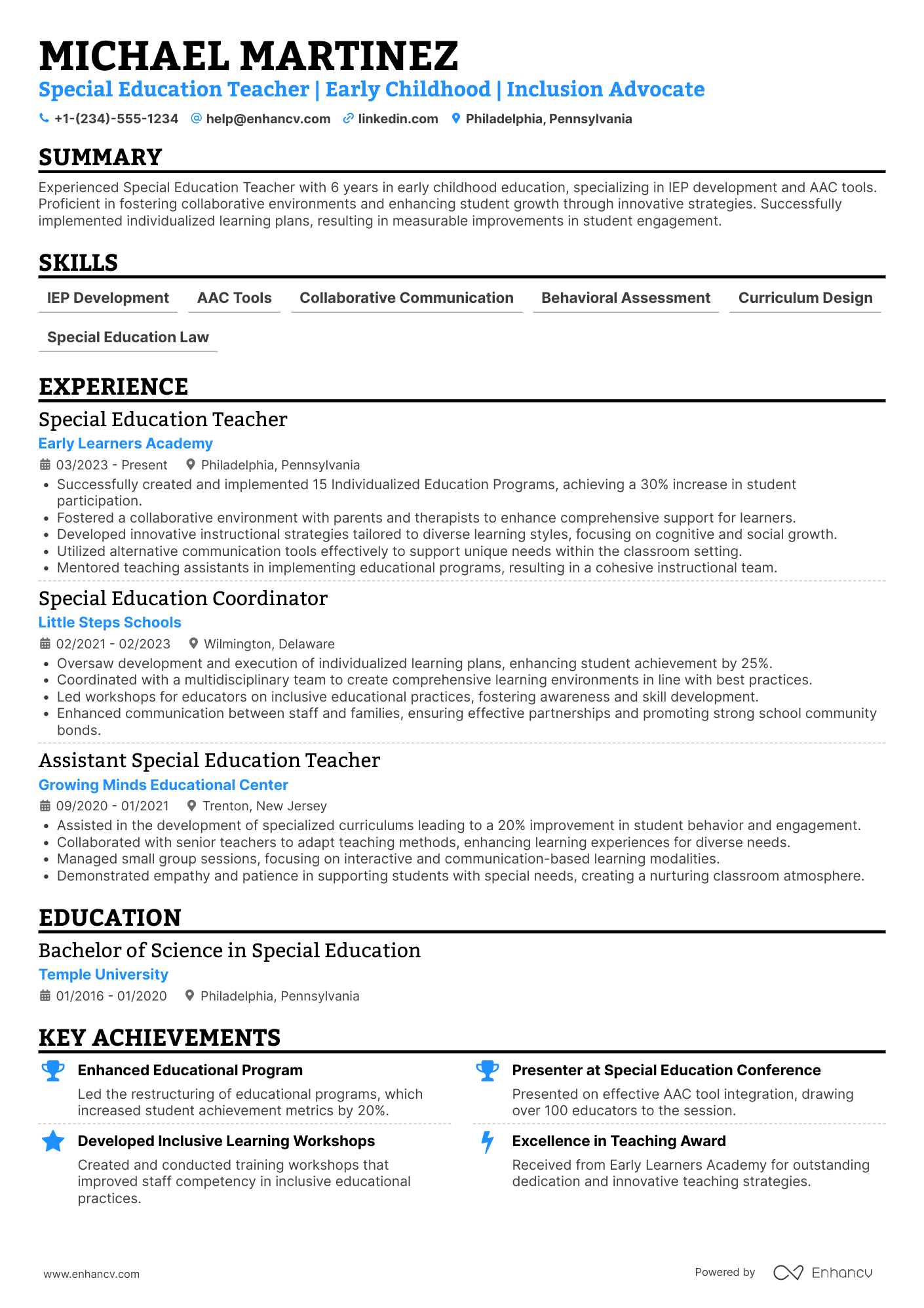A resume example of a Special Education Teacher for Early Childhood