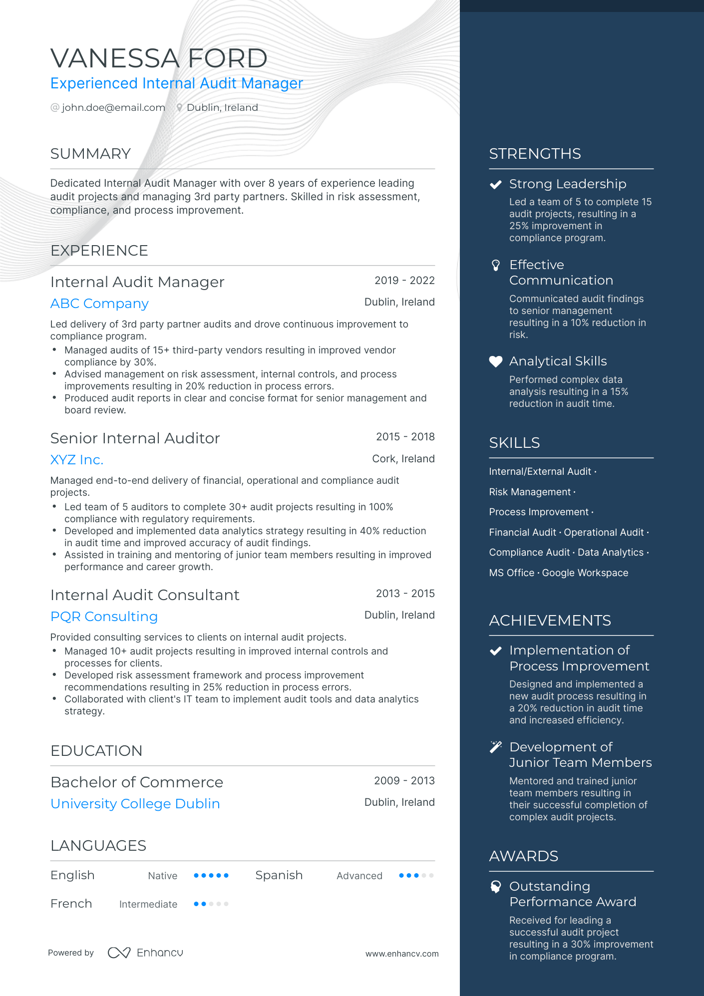 One Page Internal Audit Manager Resume Template