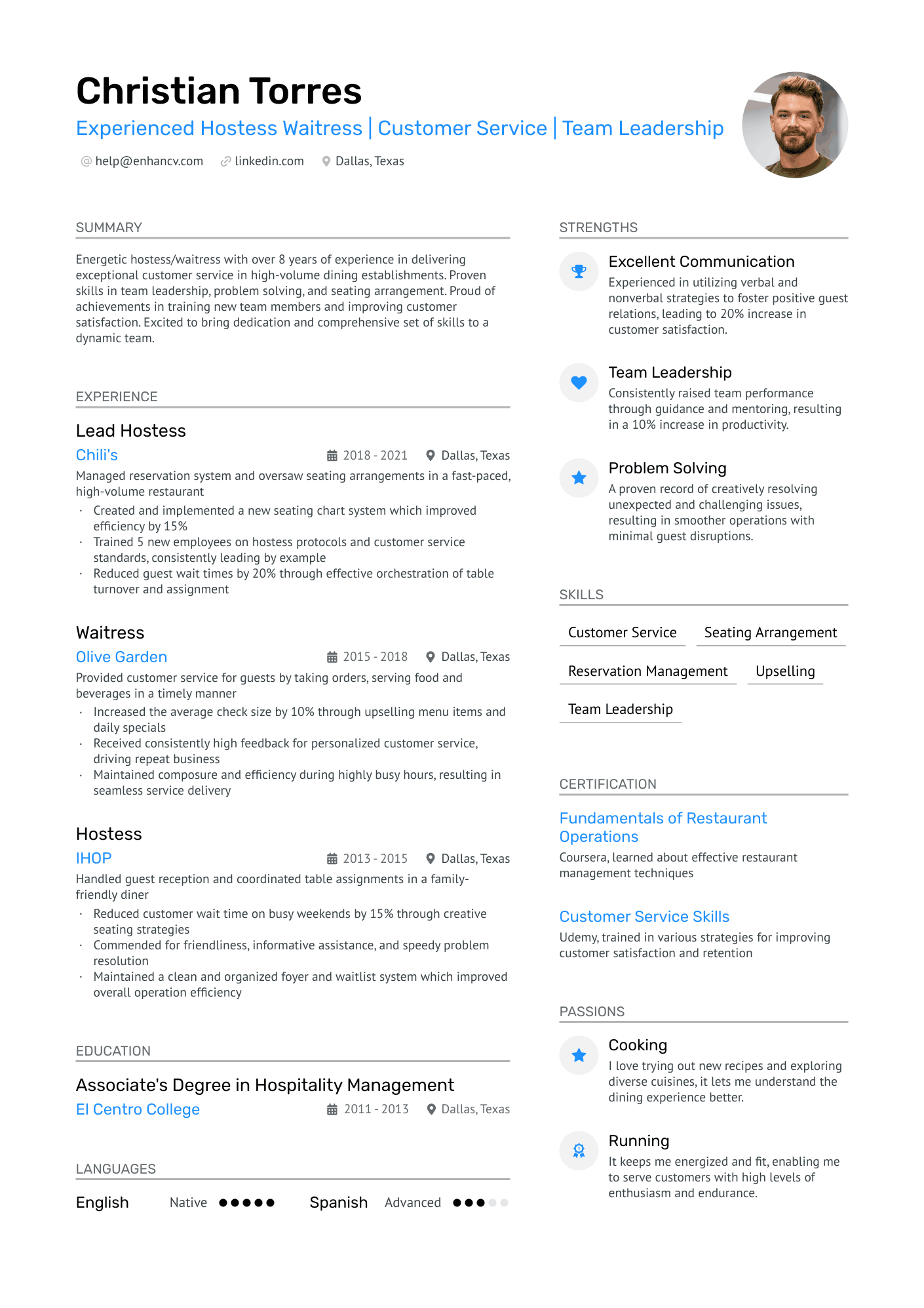 resume example for waitress position