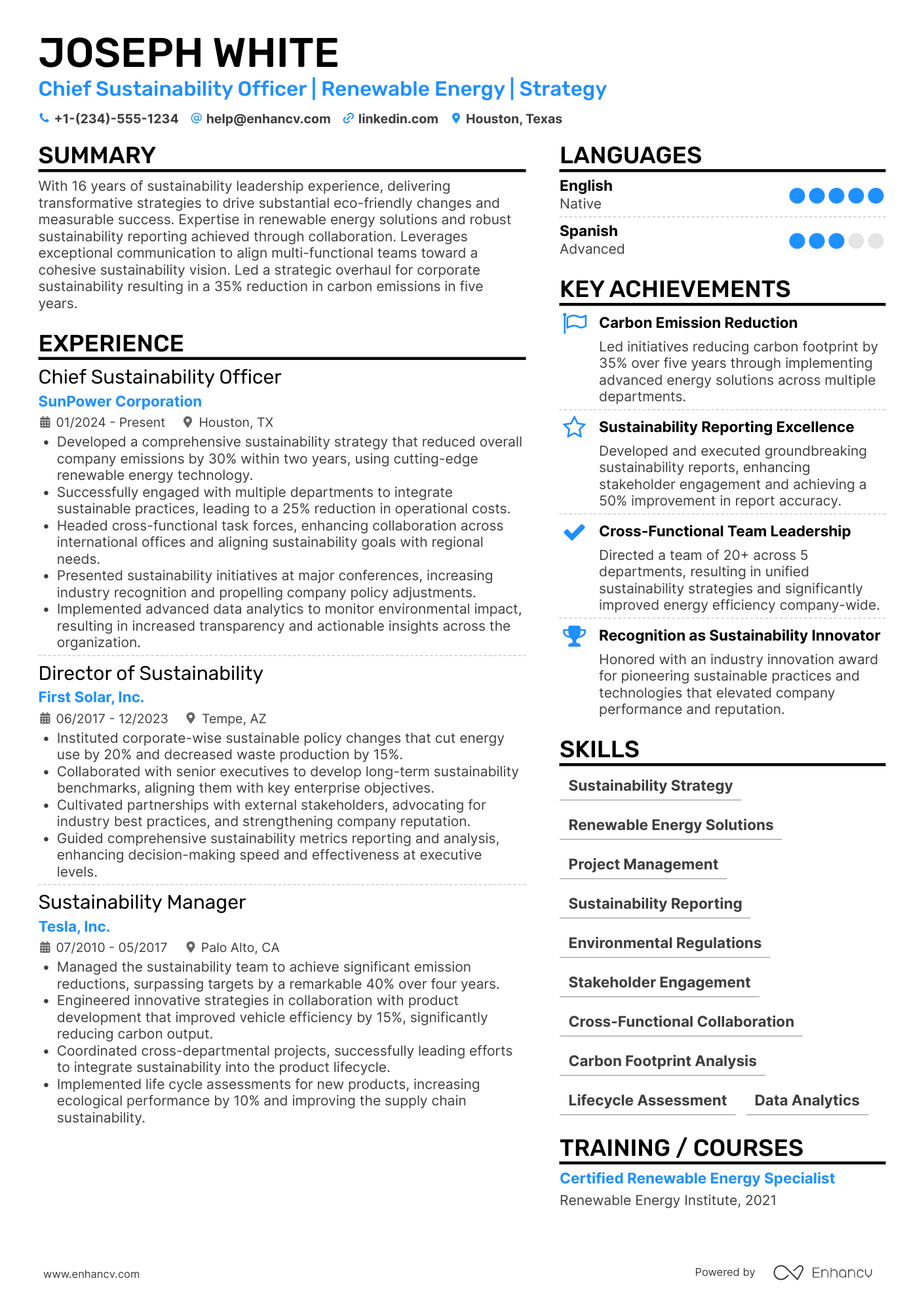 A resume example of a Principal Chief Sustainability Officer