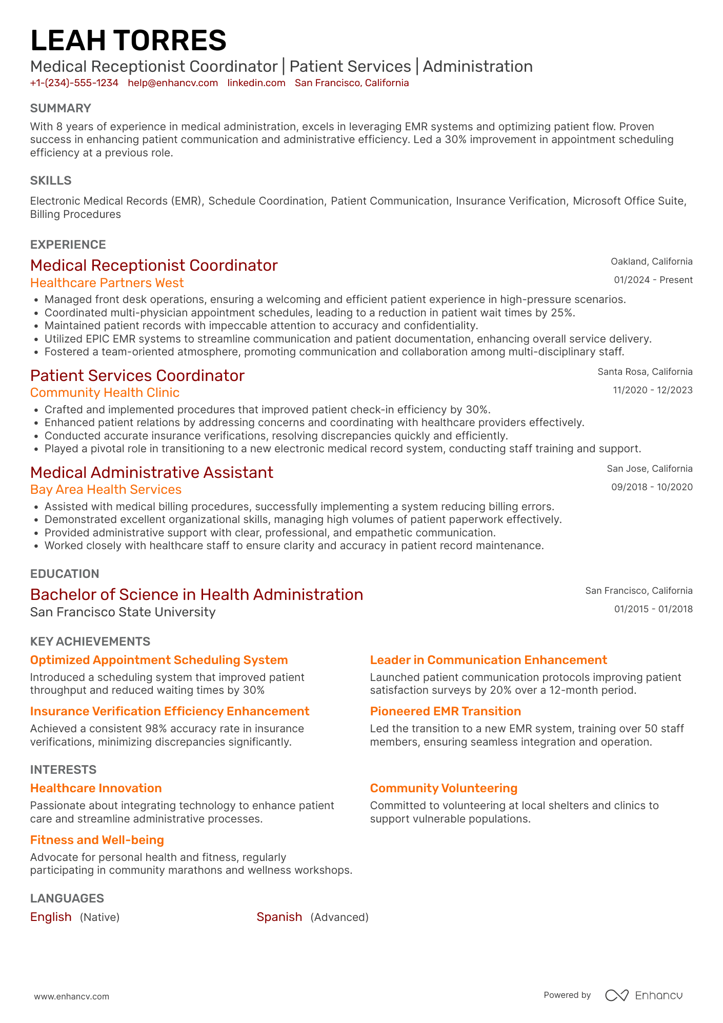 A resume example of a Medical Receptionist Coordinator
