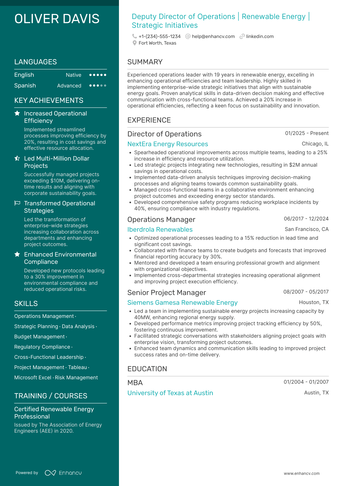 A resume example of a Deputy Director of Operations