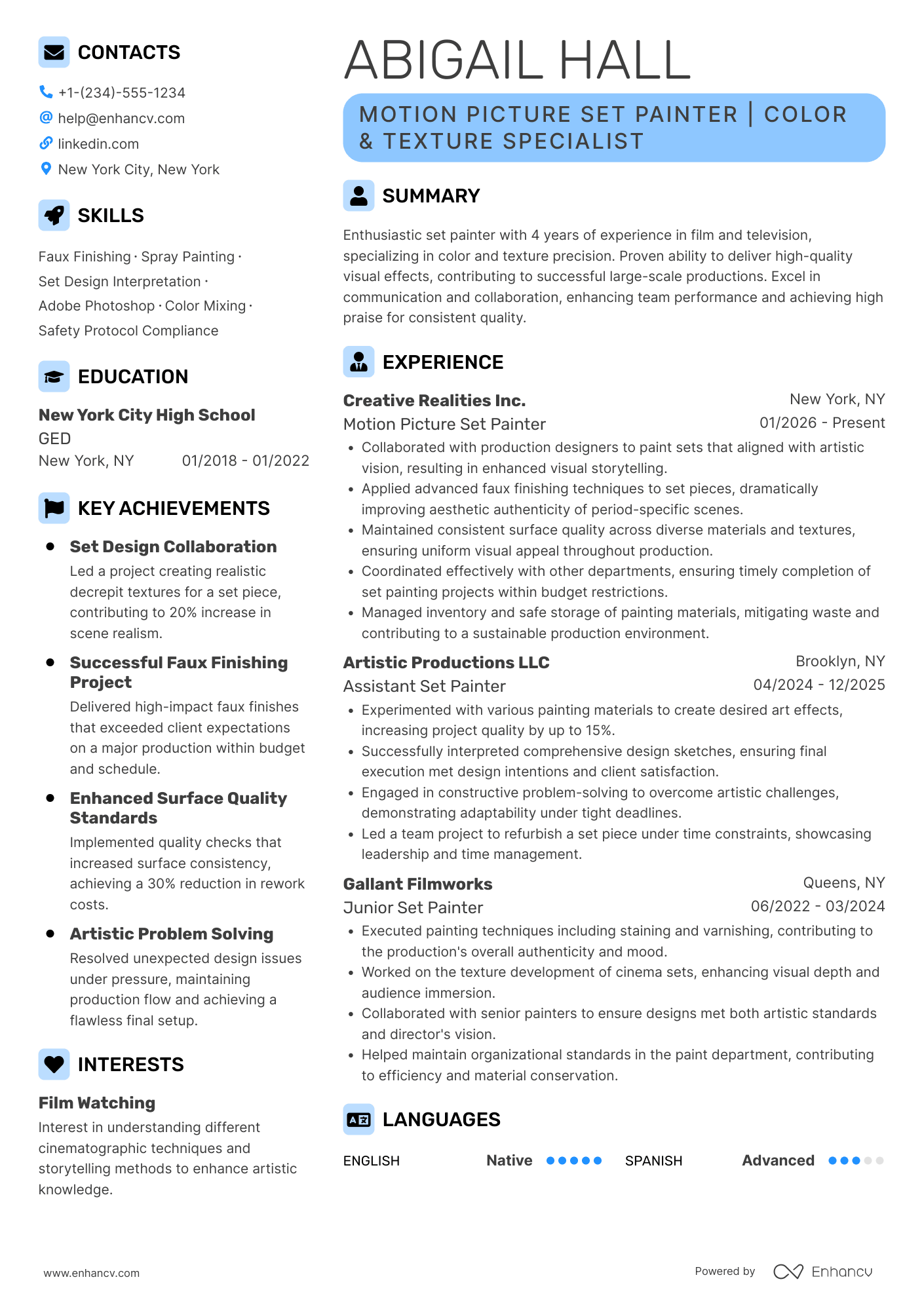 A resume example of a Motion Picture Set Painter