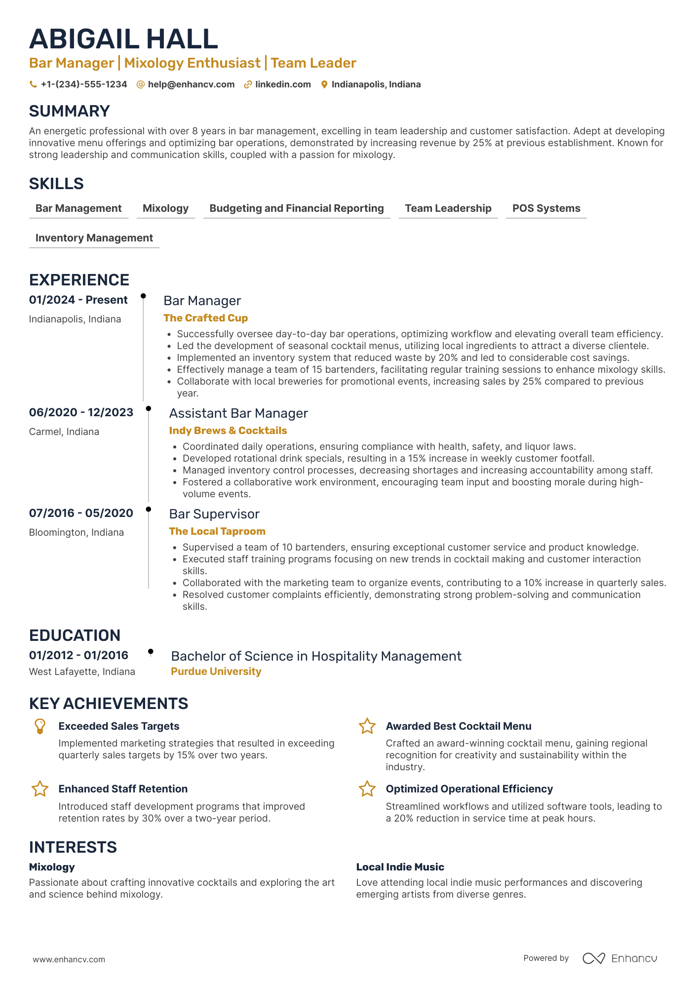 A resume example of a Bar Manager