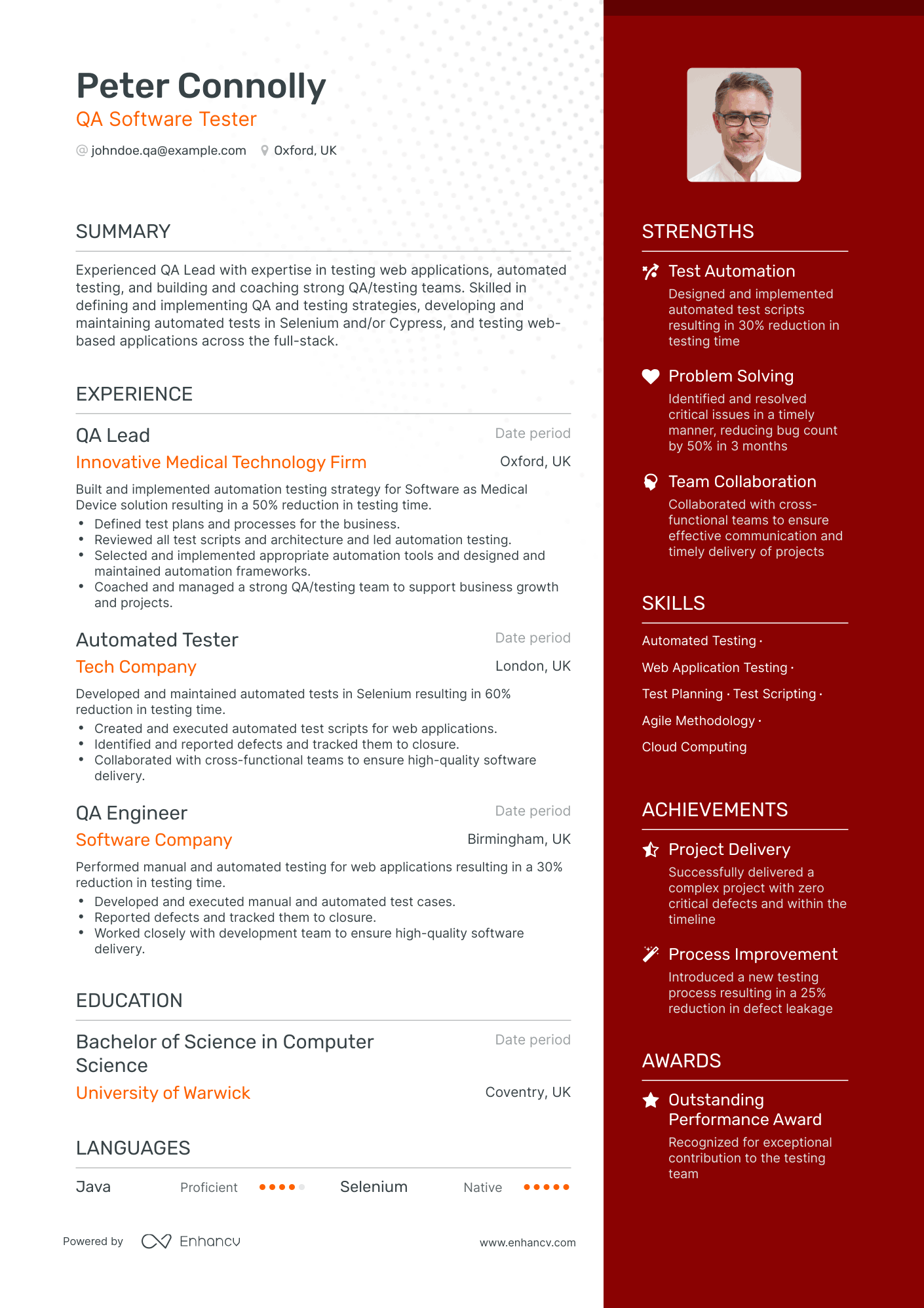 One Page QA Software Tester Resume Template