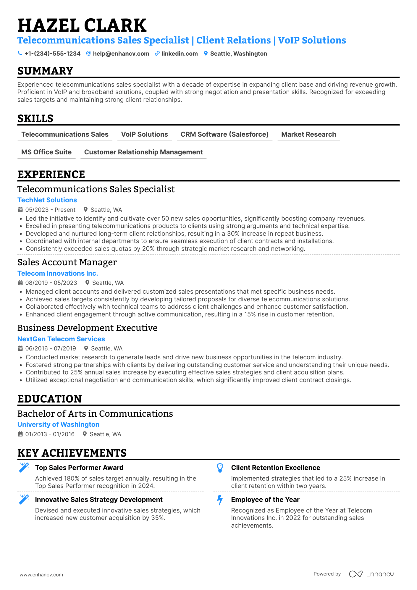 A resume example of a Telecommunications Sales Specialist