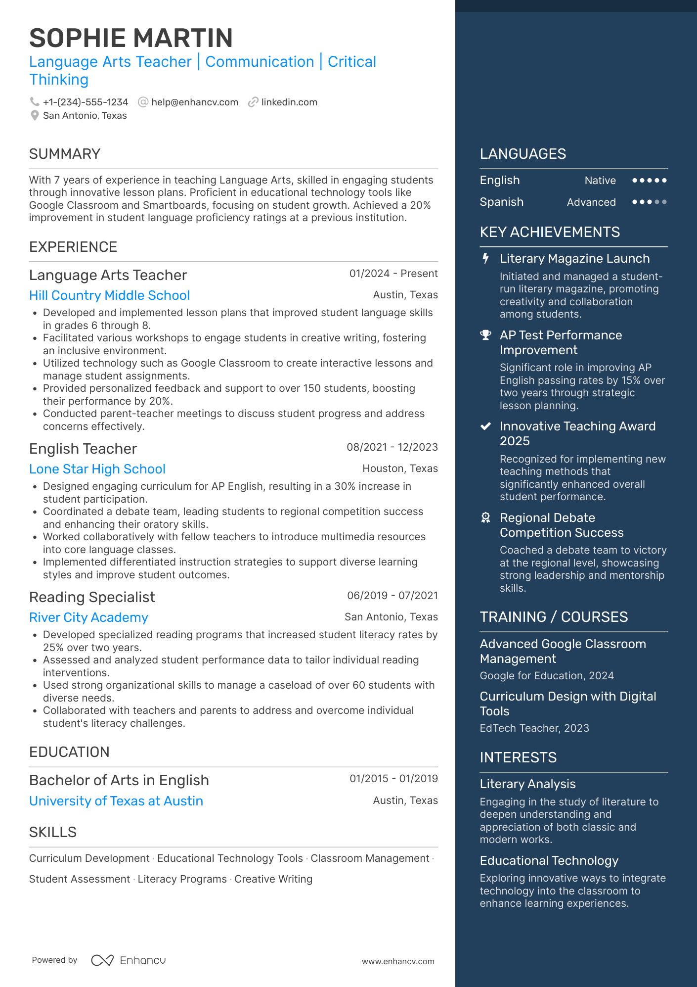 A resume example of a Language Arts Teacher